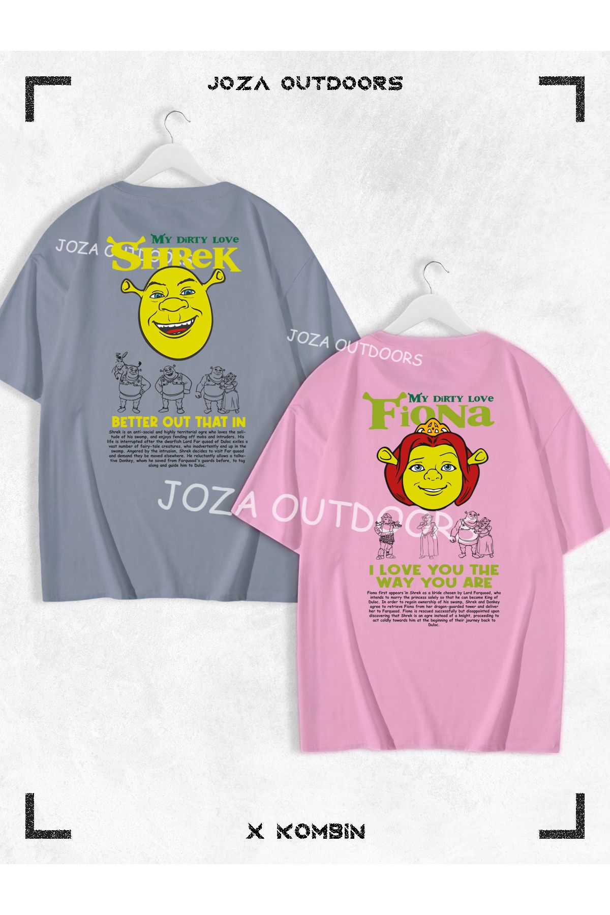 Jobia Outdoors Kadın Erkek Shrek Fiona Yazılı SIRT Baskılı Sevgili Çift Kombini Oversize Tshirt 2'li Takım