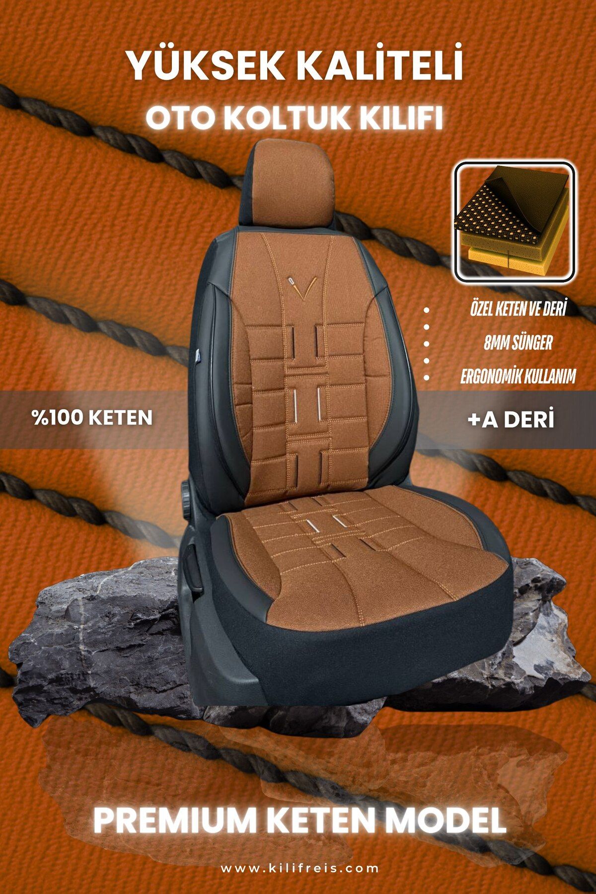 KILIFREİS PREMIUM SERİSİ - TABA RENK KETEN KOLTUK KILIFI & Ön Arka 5 Koltuk Tam Set
