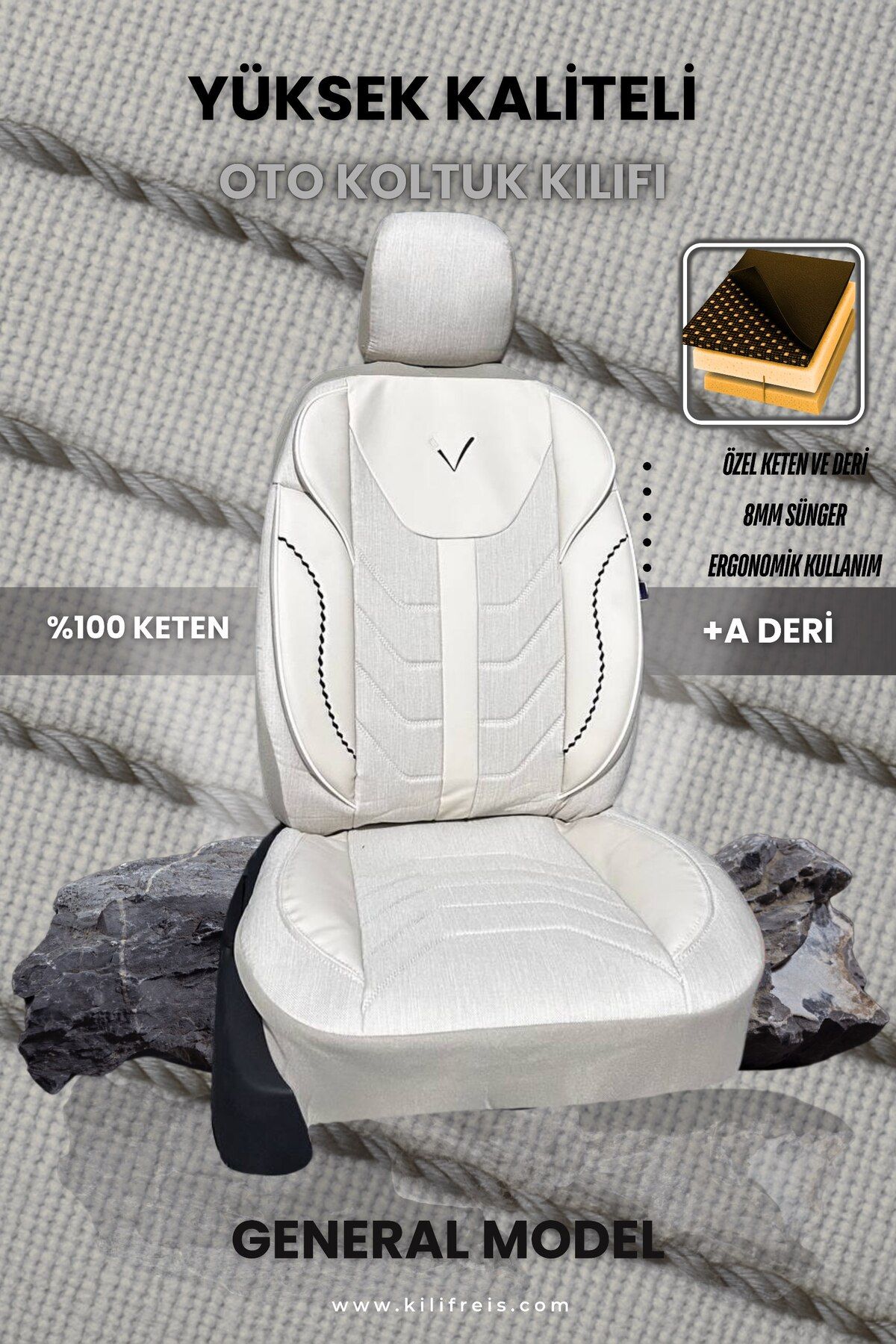 KILIFREİS GENERAL SERİSİ - BEYAZ RENK KOLTUK KILIFI & Ön Arka 5 Koltuk Tam Set