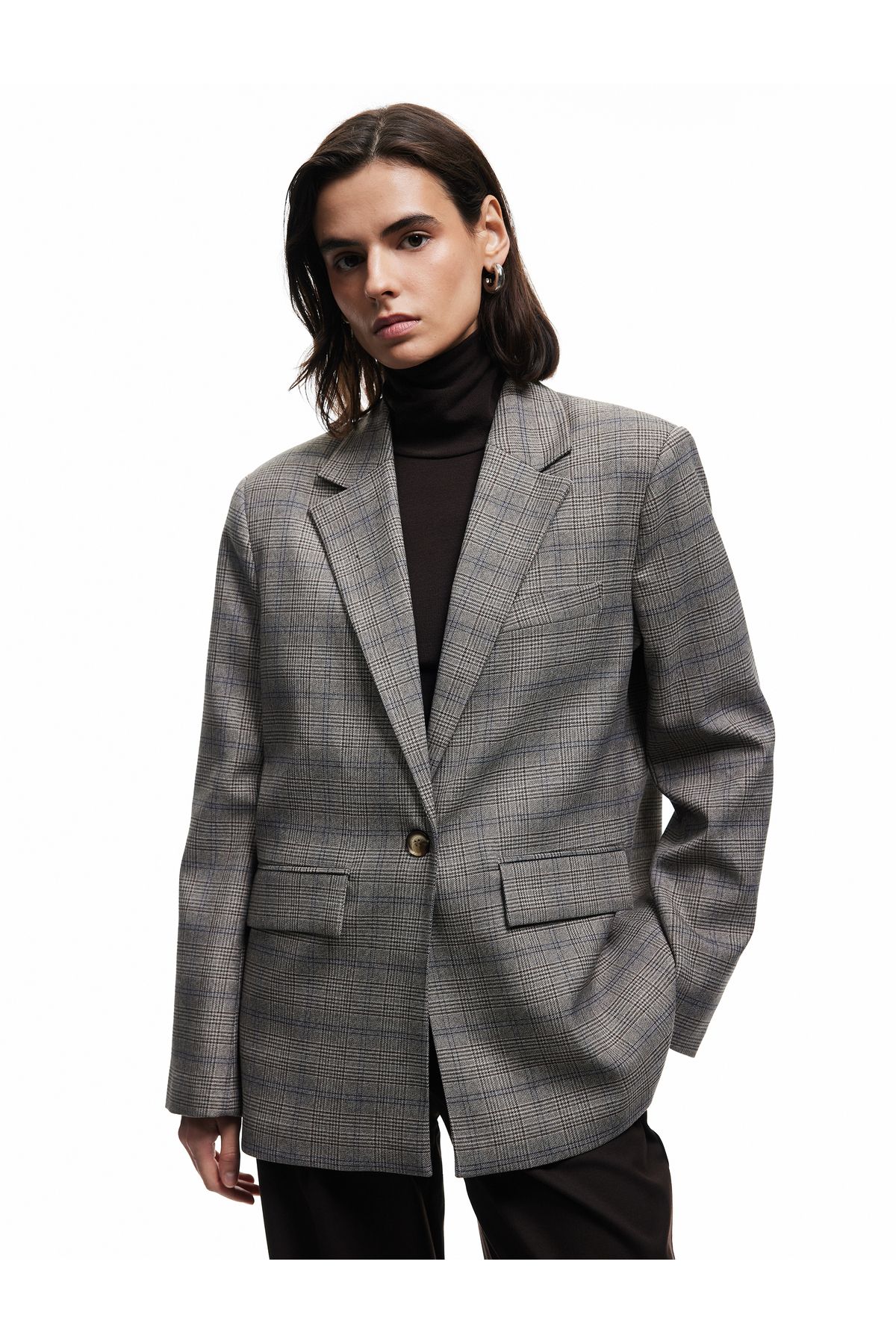 Koton Kruvaze Cepli Uzun Kollu Ekose Oversize Blazer Ceket