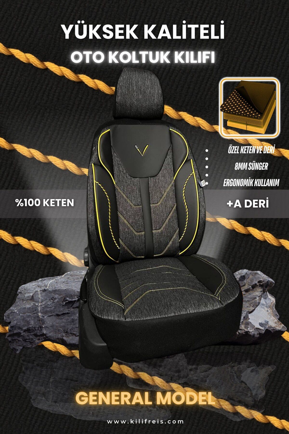 KILIFREİS GENERAL SERİSİ - SARI RENK KOLTUK KILIFI & Ön Arka 5 Koltuk Tam Set