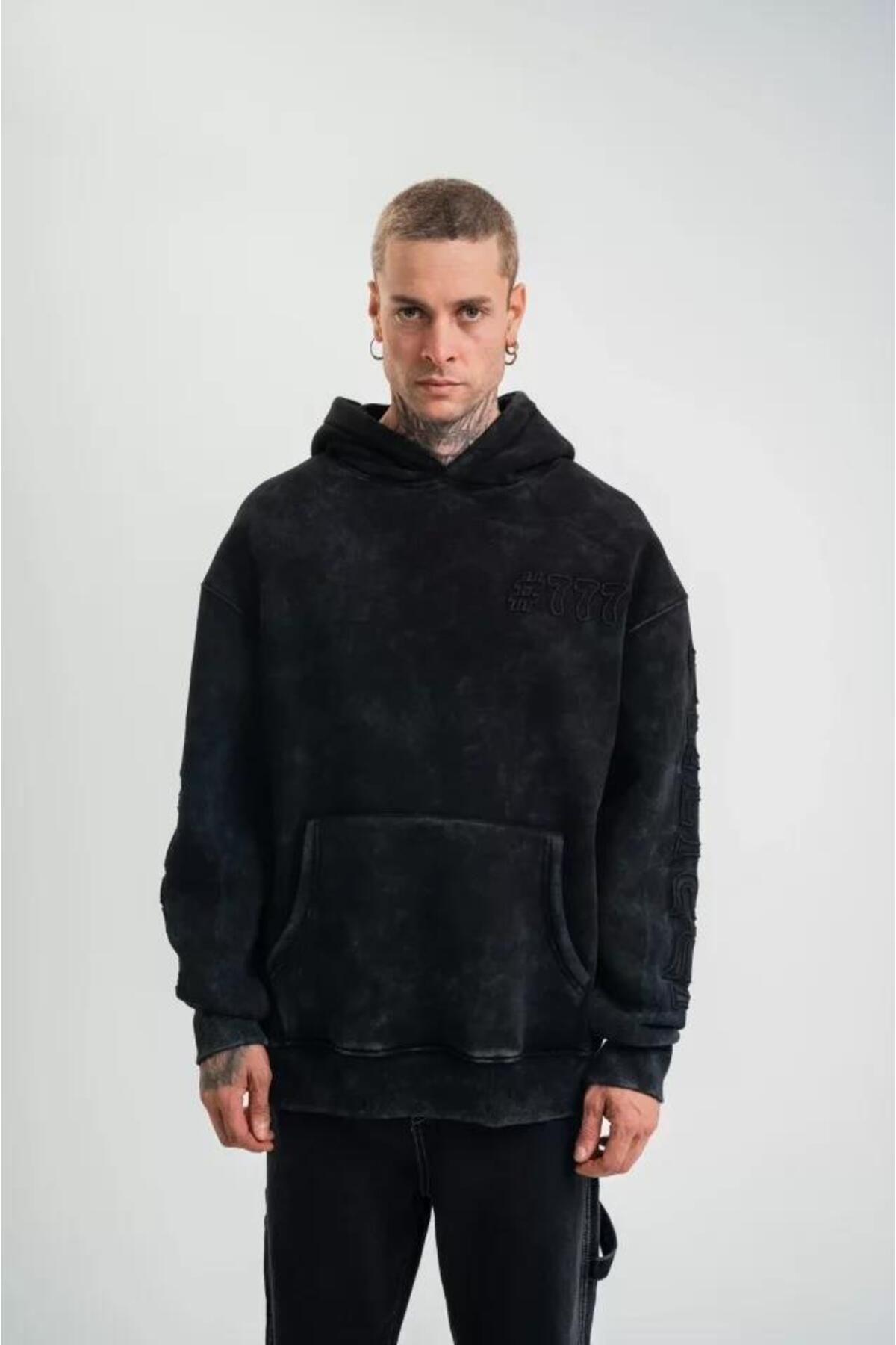 modamtn Kapşonlu Double Oversize Yıkamalı Evalı Nakışlı SweatShirt - Siyah