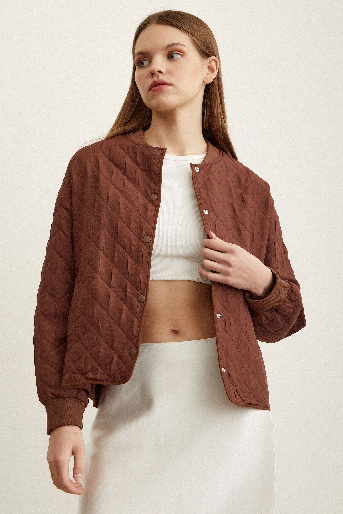 TRENDQUEL Bomber Kapitone Ceket Kahve