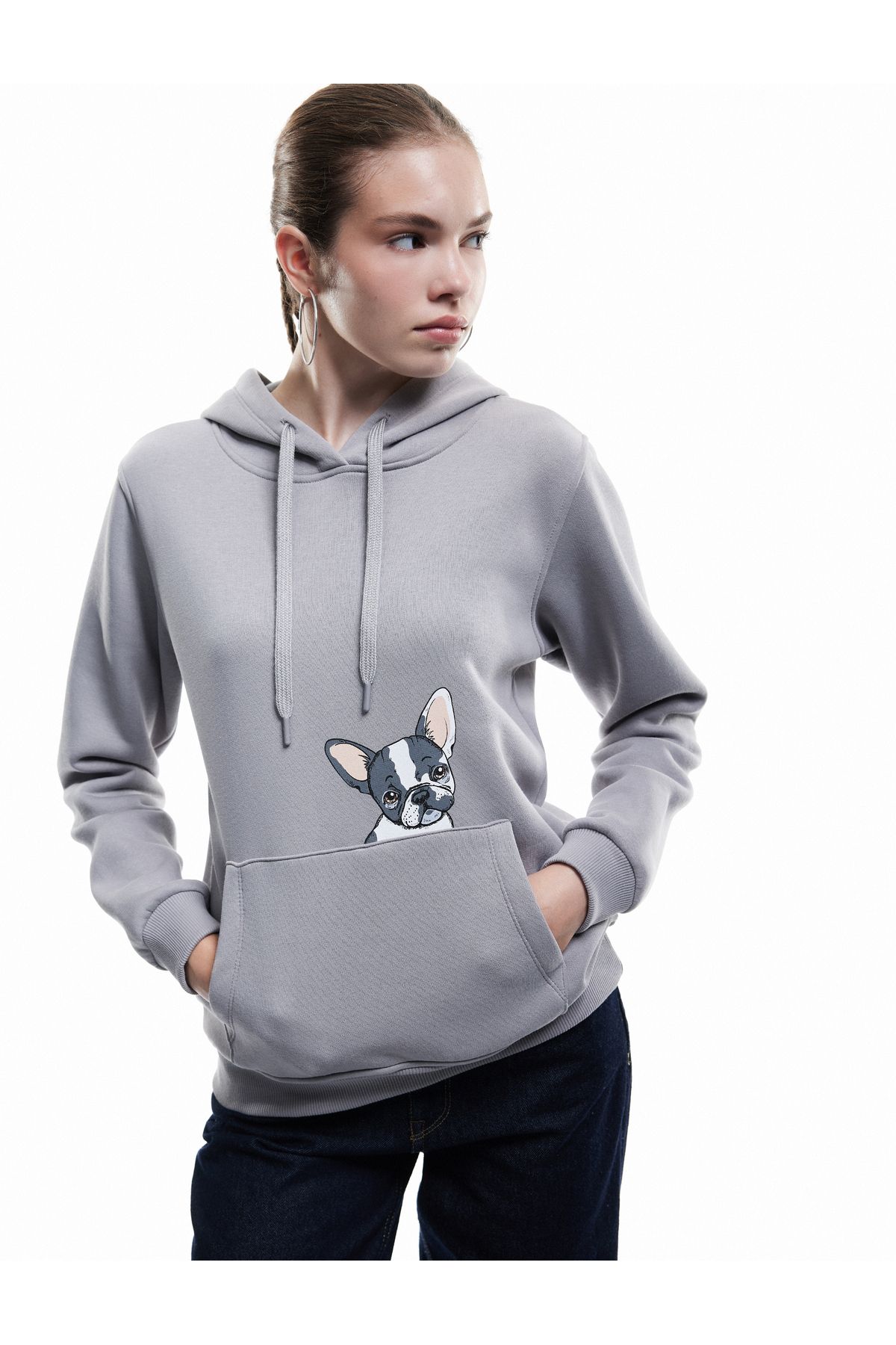 Koton Köpek Baskılı Şardonlu Kanguru Cepli Kapüşonlu Sweatshirt