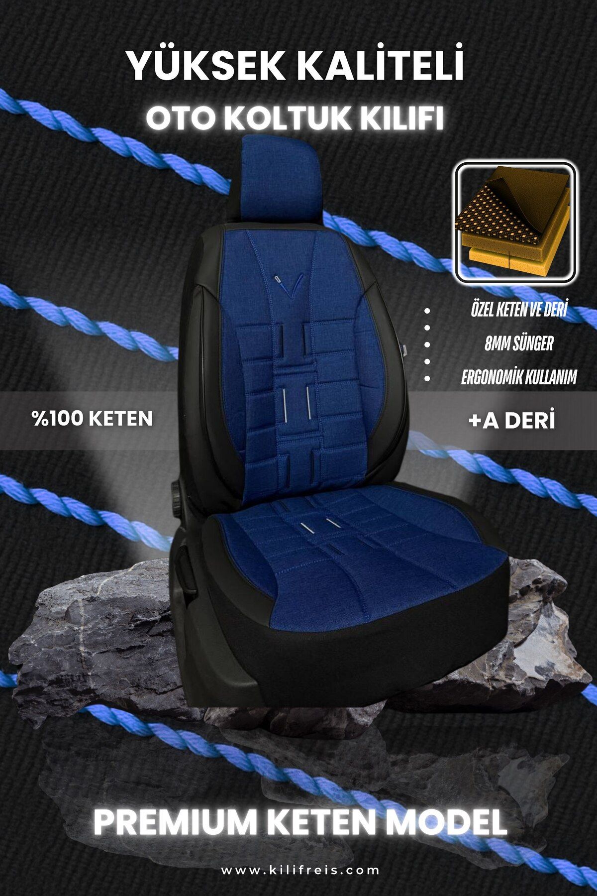 KILIFREİS PREMIUM SERİSİ - MAVİ KETEN VE DERİ KOLTUK KILIFI & Ön Arka 5 Koltuk Tam Set