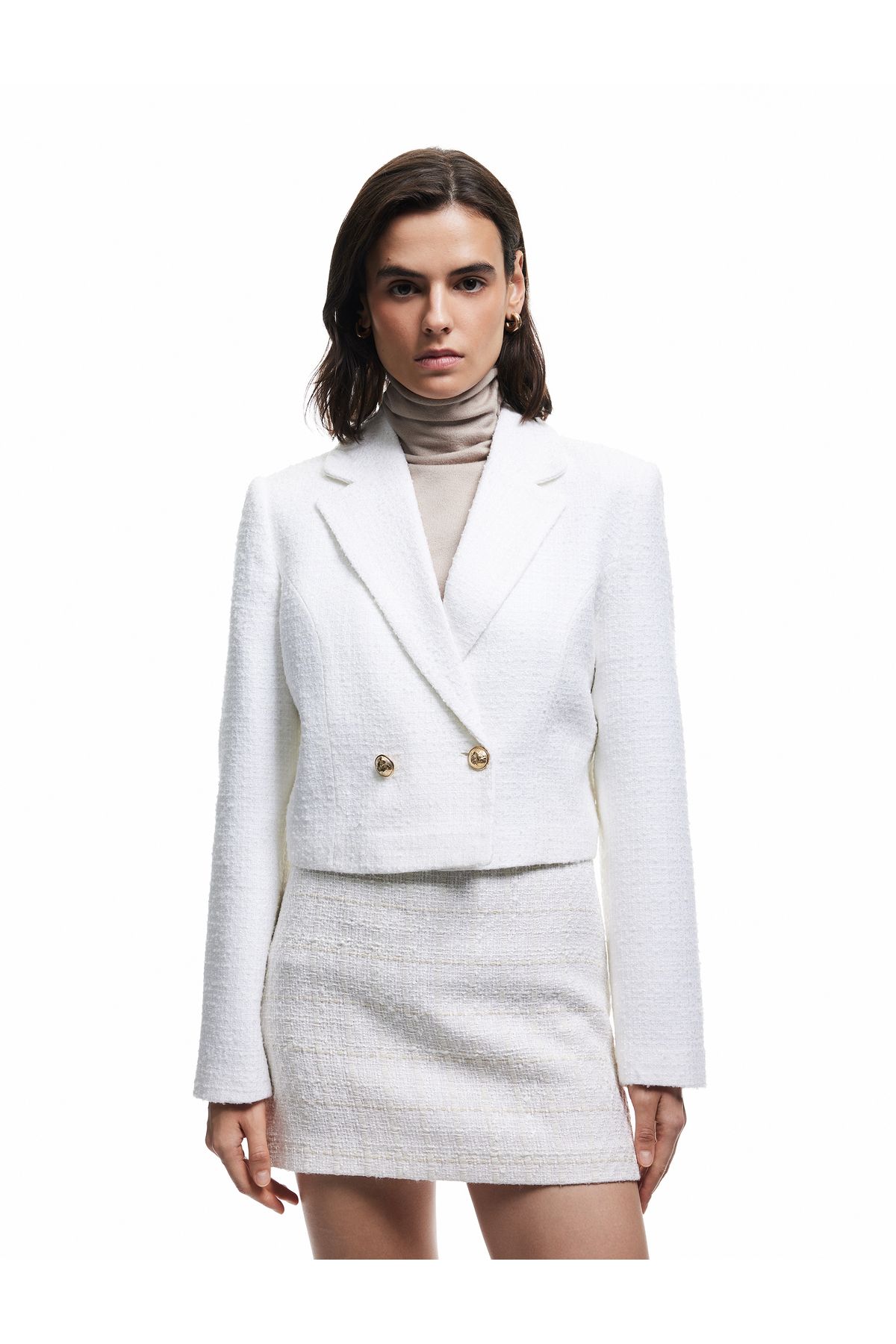 Koton Kruvaze Uzun Kollu Tüvit Crop Blazer Ceket
