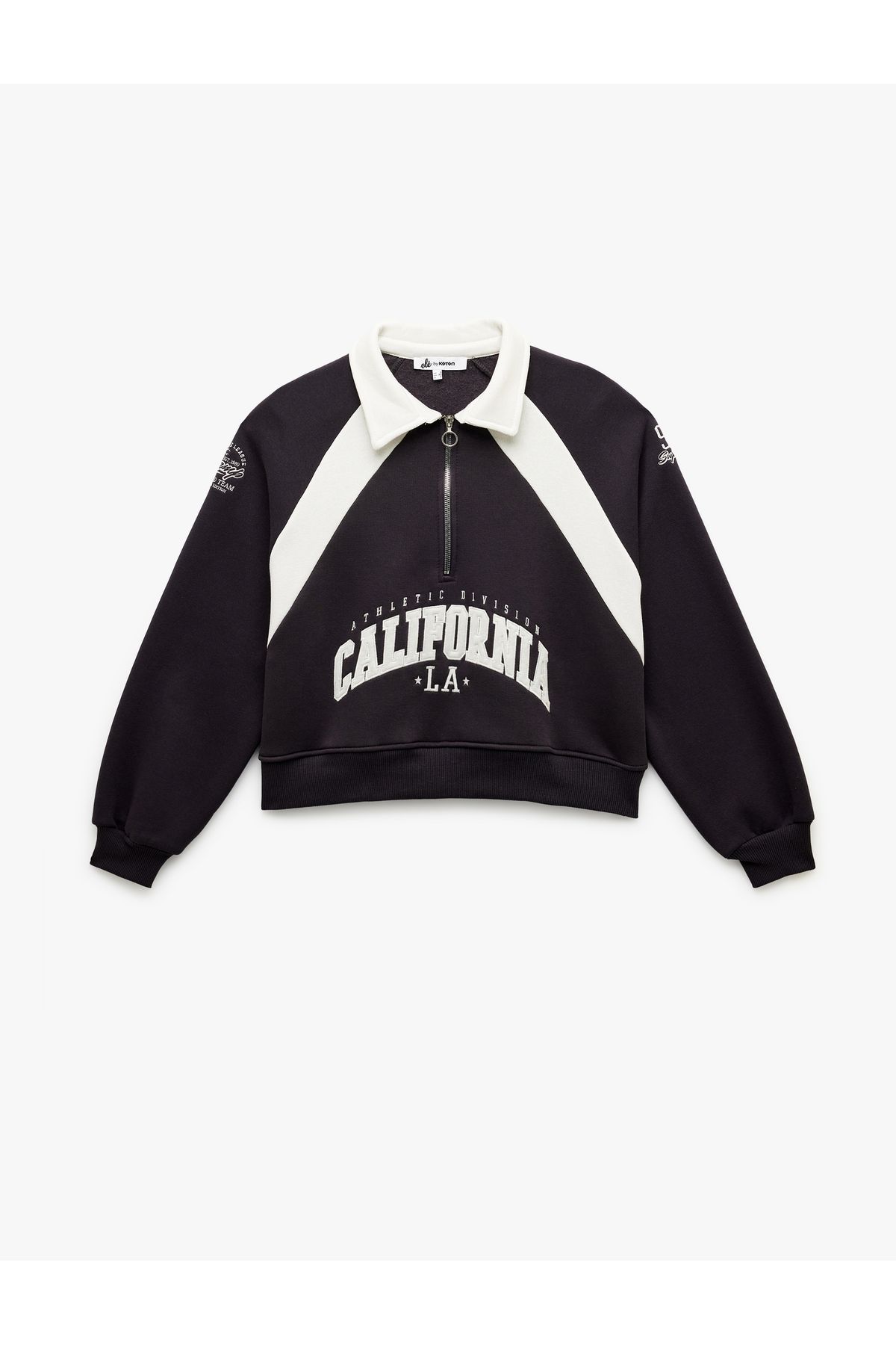 Koton Şardonlu İşlemeli Yarım Fermuarlı Yaka Oversize Crop Sweatshirt