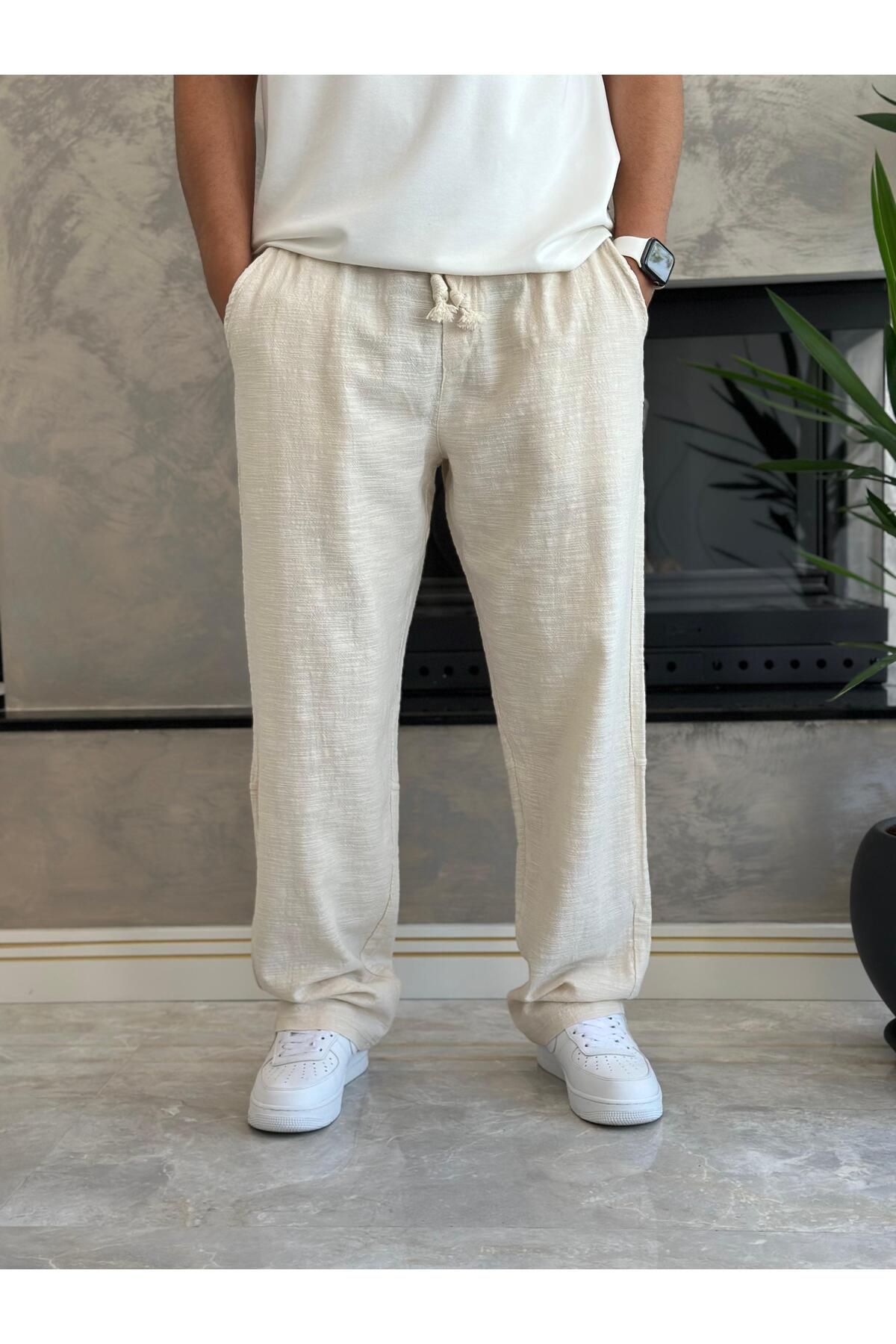 ECARTS Erkek Rahat Kalıp Keten Pantolon Krem Eca001