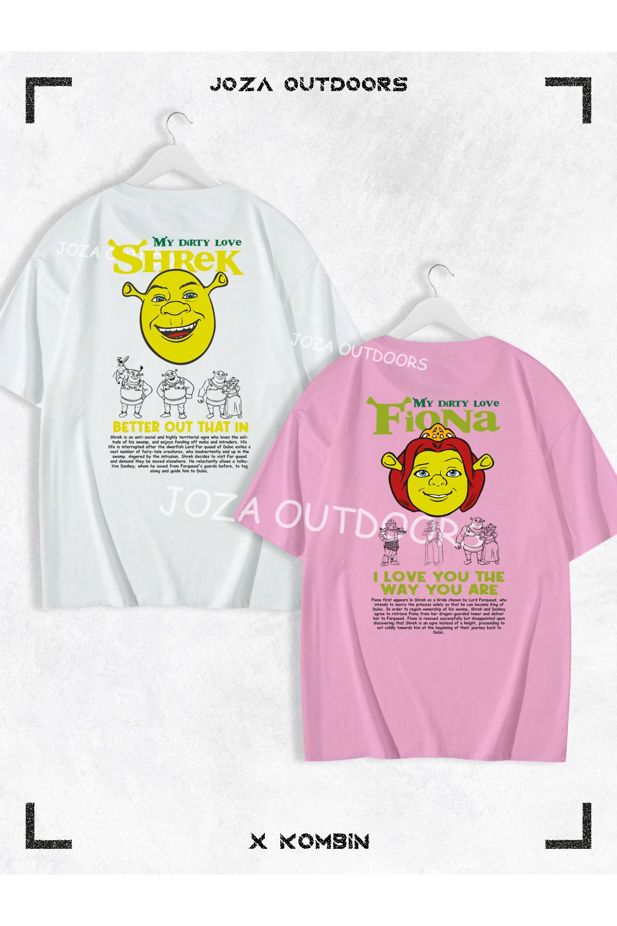 Jobia Outdoors Kadın Erkek Shrek Fiona Yazılı SIRT Baskılı Sevgili Çift Kombini Oversize Tshirt 2'li Takım