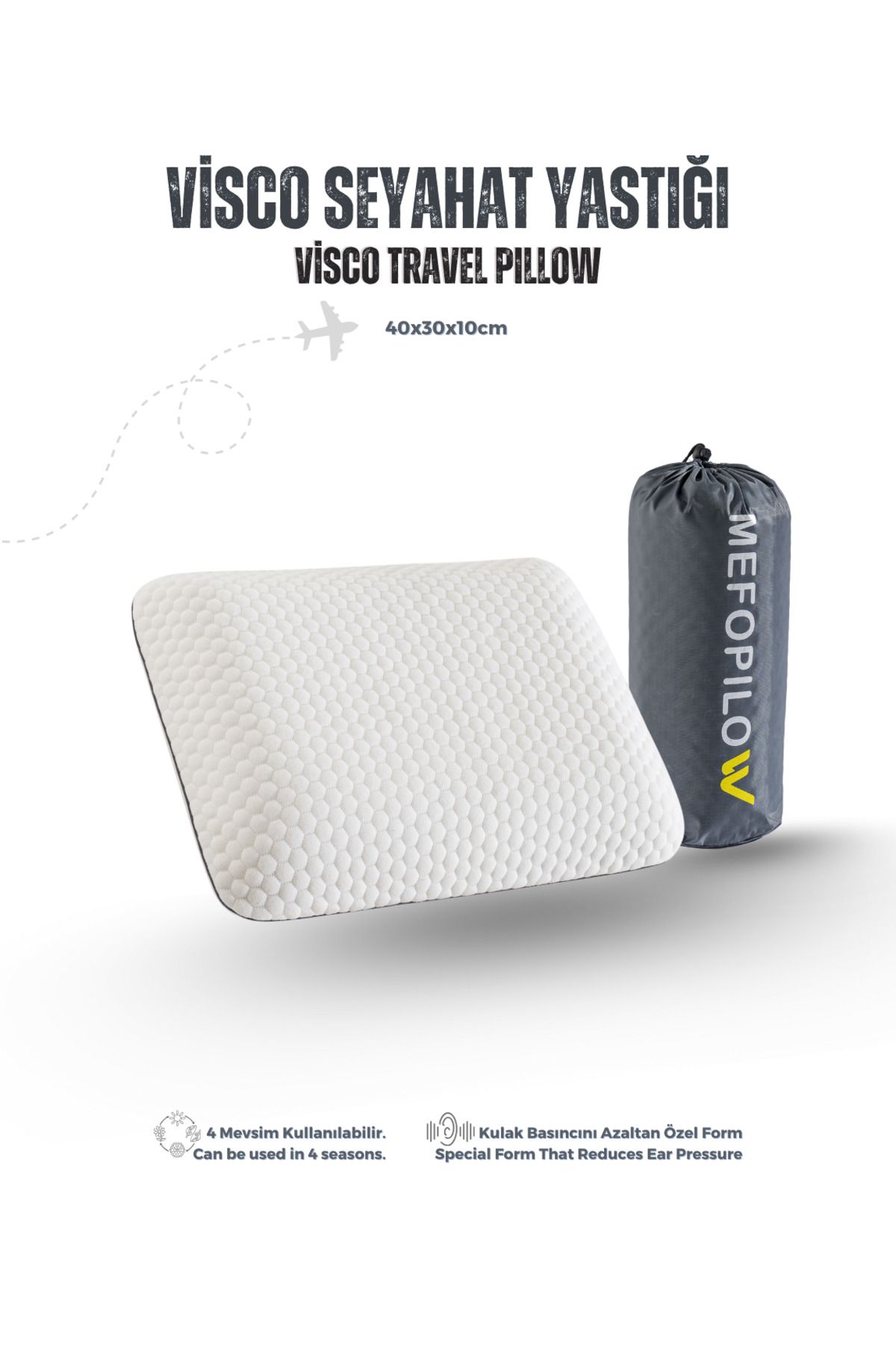 MEFOPILOW Seyahat Visco Uyku Yastığı, Konforlu Kamp Yastığı, Taşıma çantalı, Travel Pillow, 40x30x10 cm, Beyaz