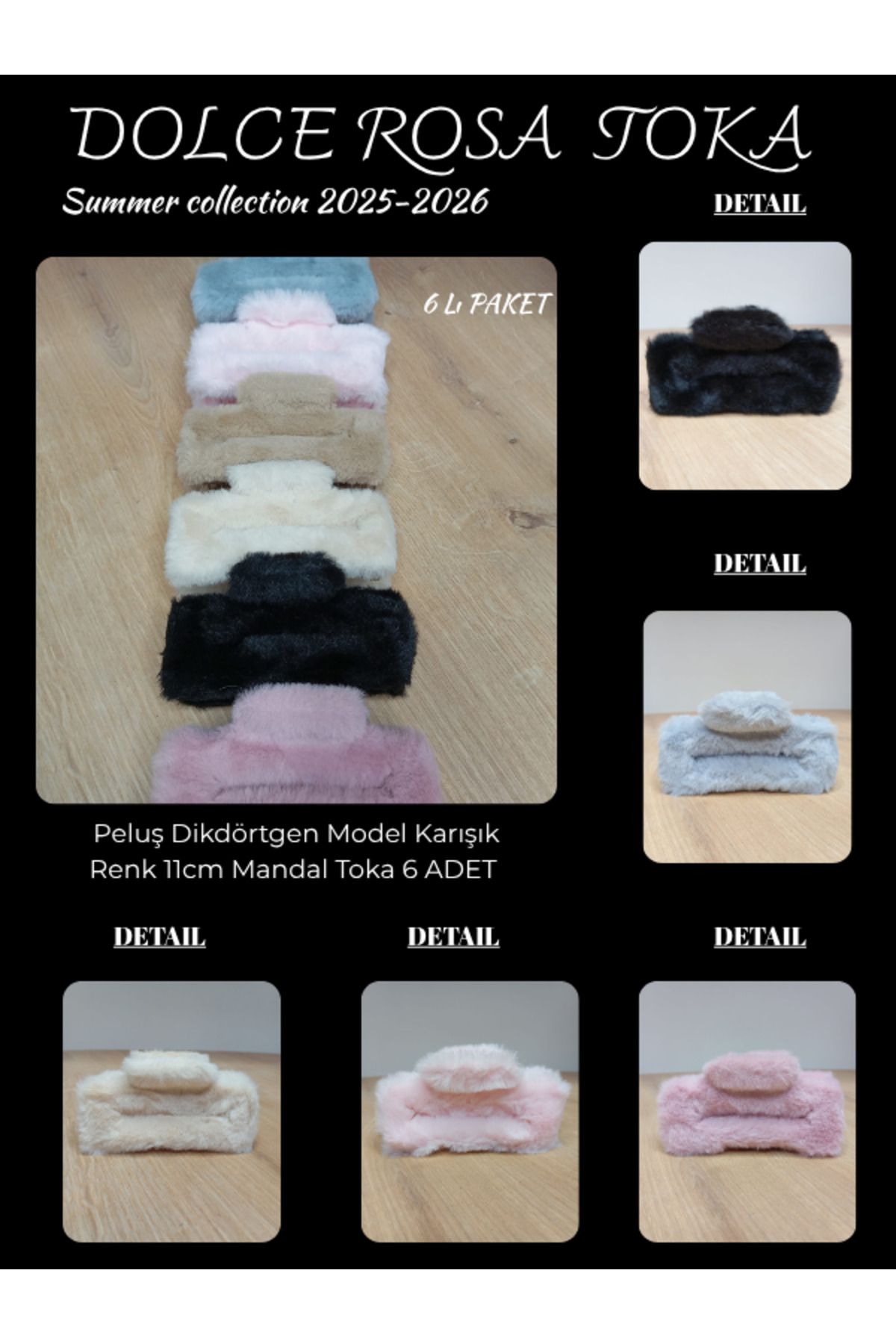 Dolce Rosa Peluş Dikdörtgen Model Karışık Renk 11cm Mandal Toka 6 Lı PAKET