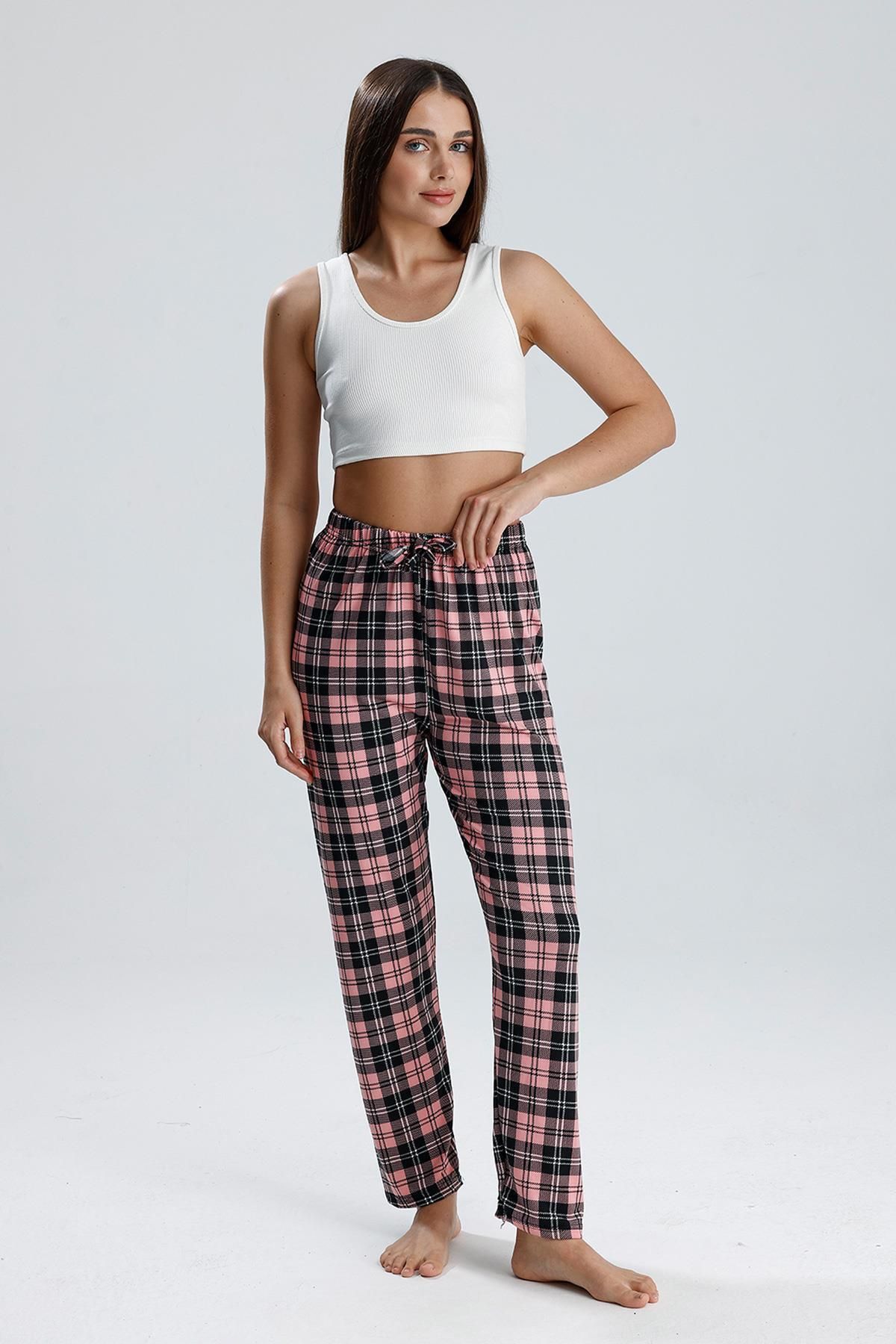 Kompedan Kadın Ekose Desenli Uzun Pijama Pantolon | Pembe