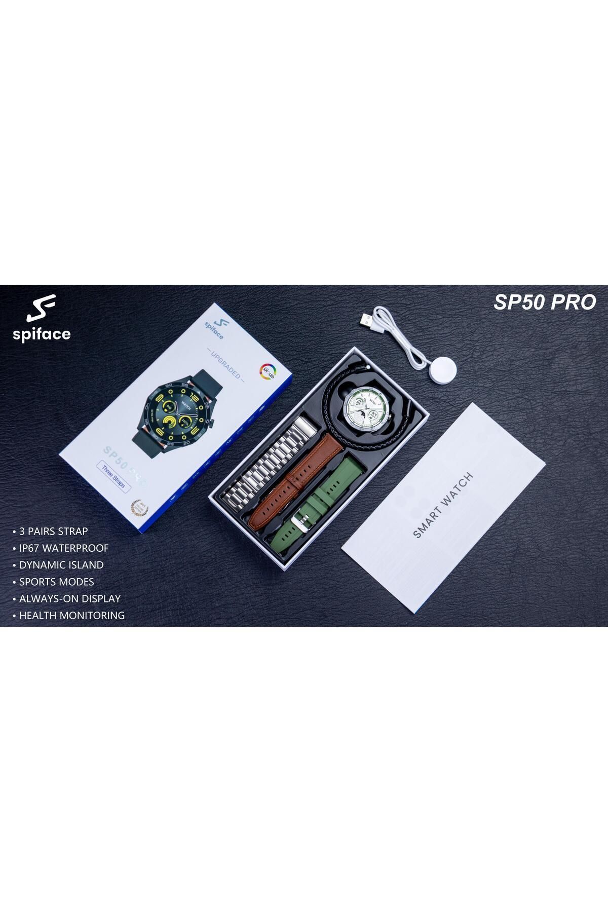 AVŞA Global Spiface Sp50 Pro Amoled Ekran 3 Kordonlu Akıllı Saat Smart Watch Gümüş Kasa