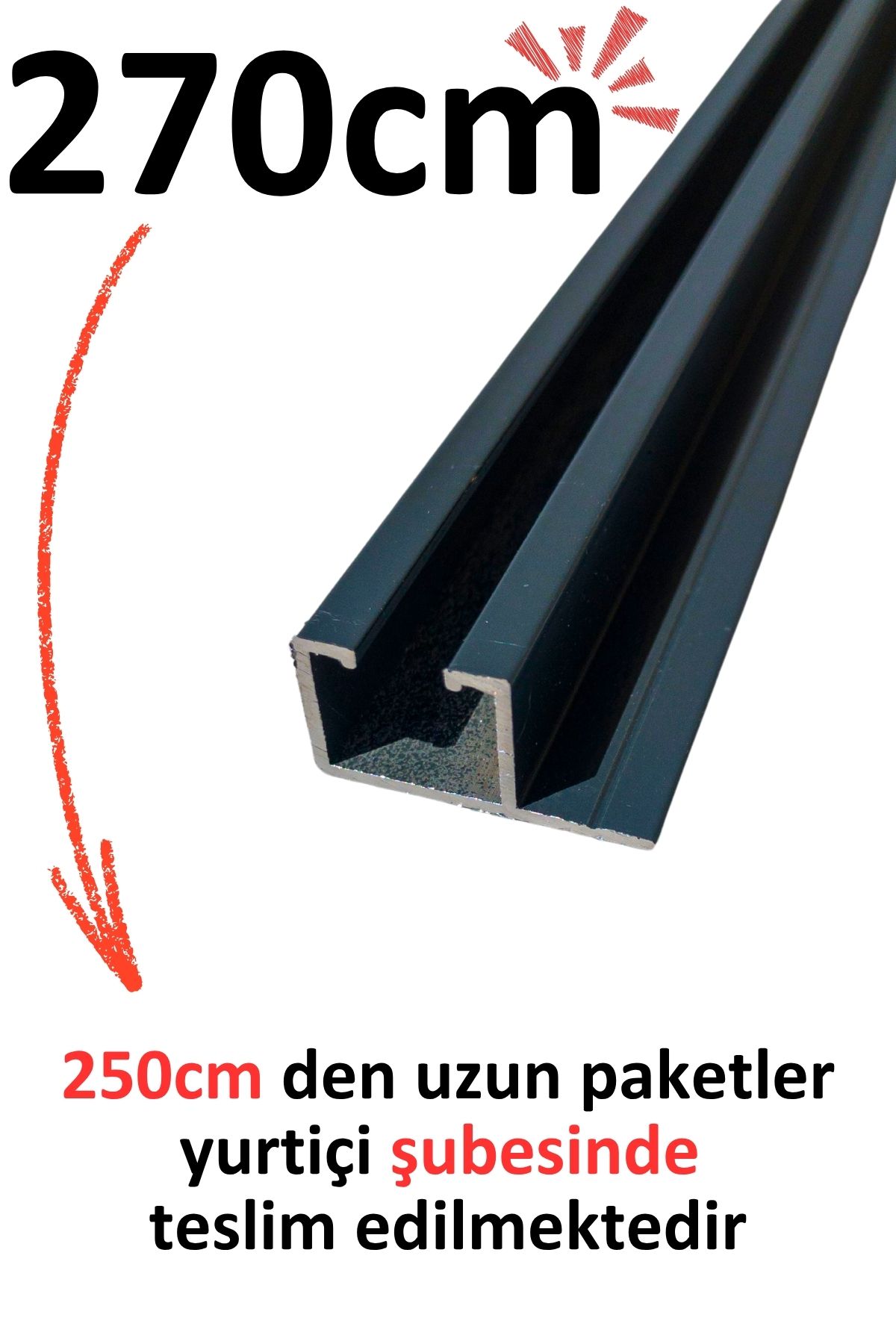 İzen Tek Kanallı Yan Çıtalı 270cm Antrasit Alüminyum Perde Rayı (25mm) Tekli Korniş