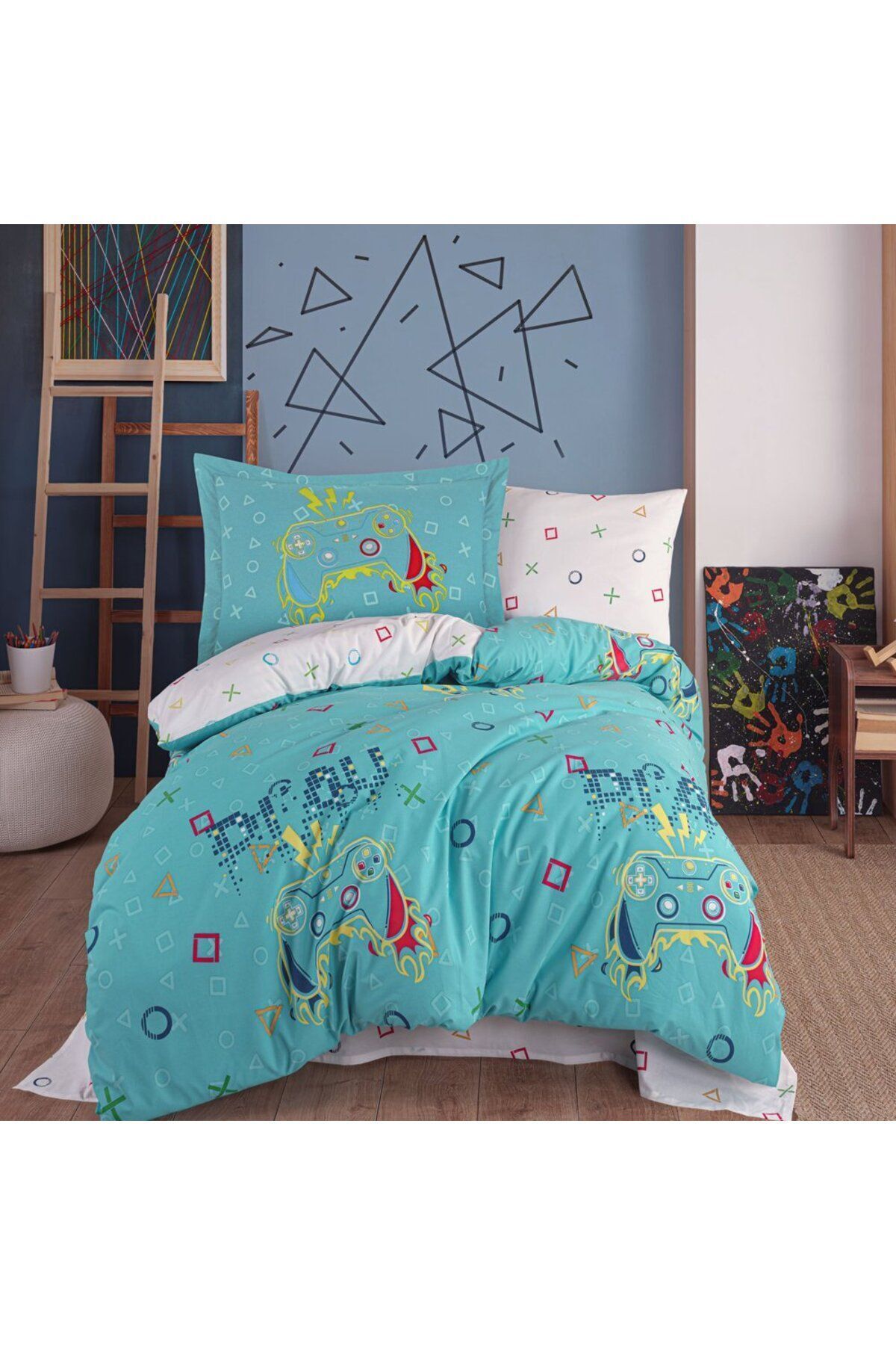 Hobby home collection Gamer Turkuaz - Poplin Tek Kişilik Çocuk Nevresim Takımı, Genç Nevresim Takımı