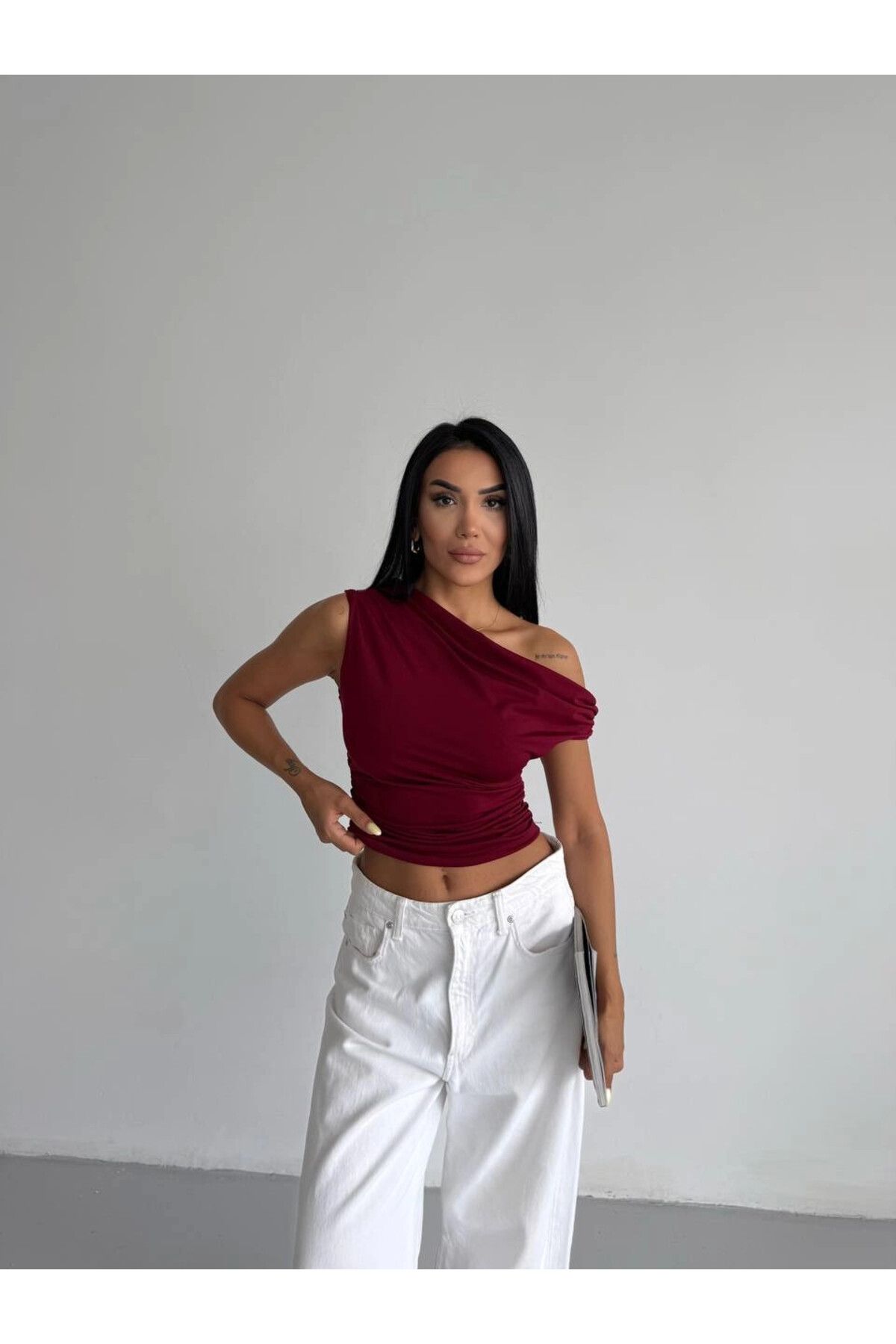 hazelin Kadın Bordo Yandan Drapeli Kayık Yaka Sandy Bluz HZL25S-FRY123201