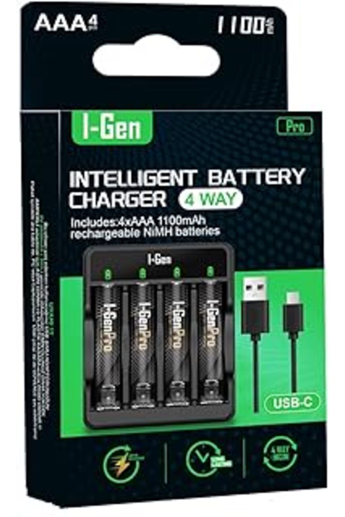 TBSProjects I-Gen G411 4'Lü Pil Şarj Aleti + 4 Adet Aaa Pro 1100 Mah Şarjlı İnce Kalem Pilli Set