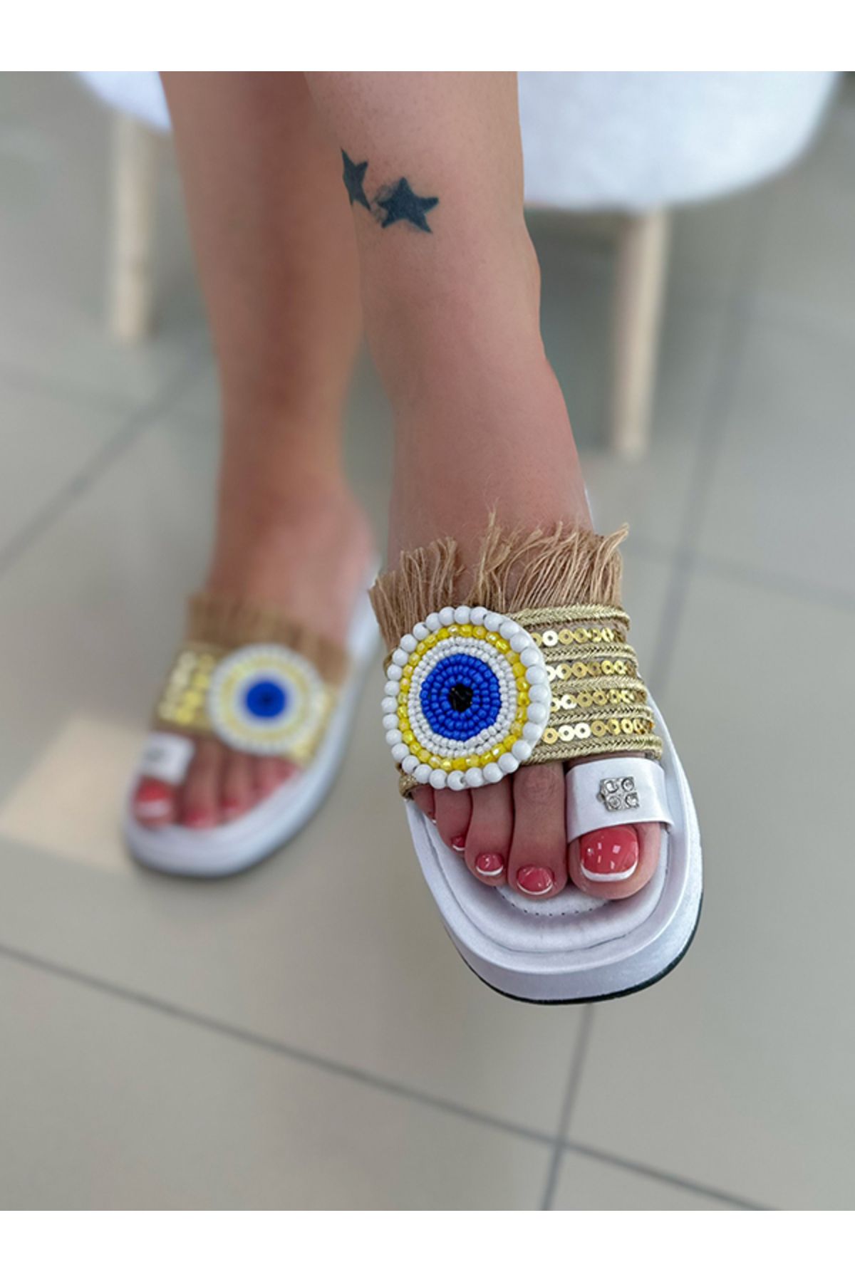 EVASAMLİSHOESBAG Nazar Boncuklu Jüt Terlik Beyaz