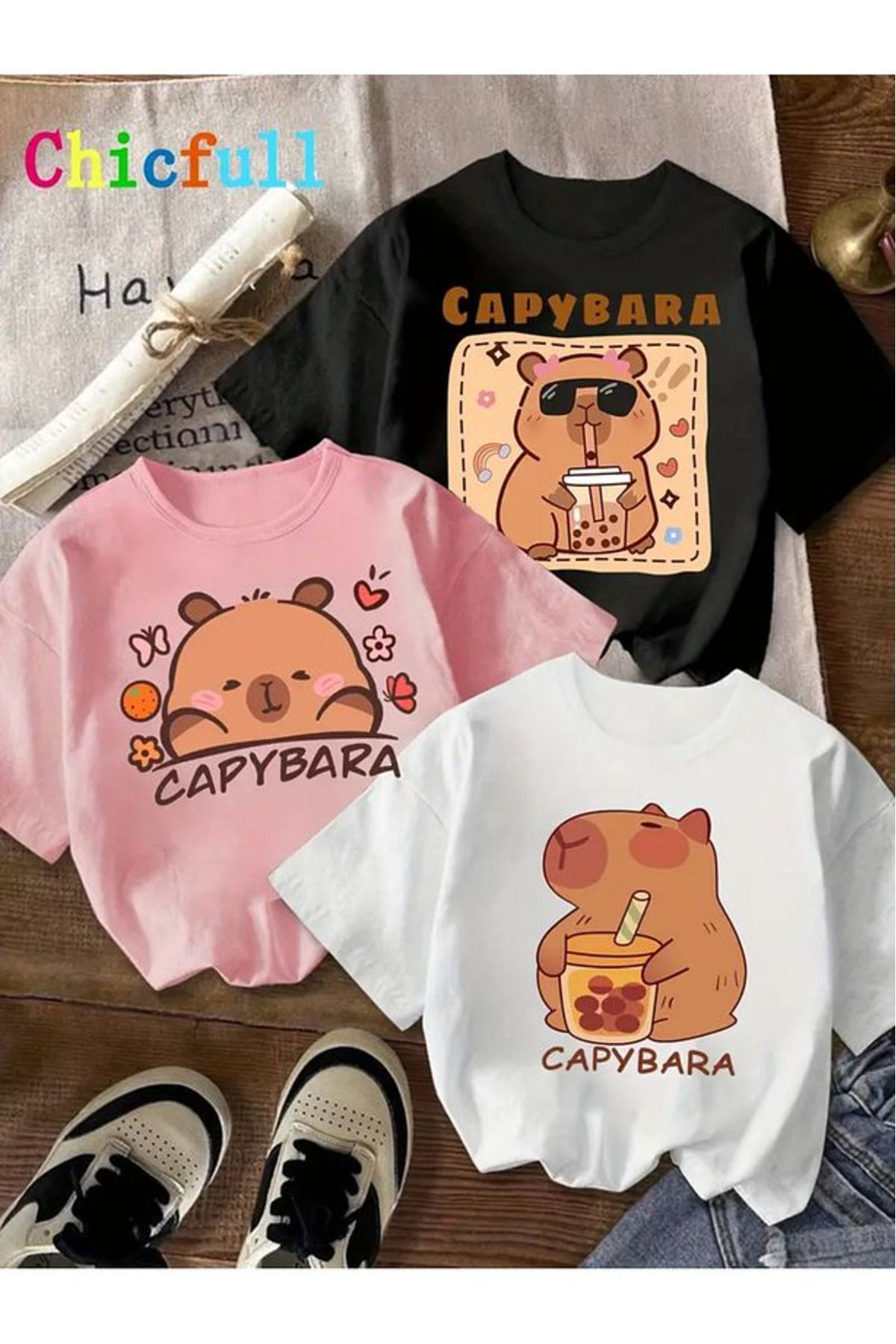 aynewmoda Kızlar 3 Parçalı Kapibara Kelebek Çiçek Baskılı Tişört