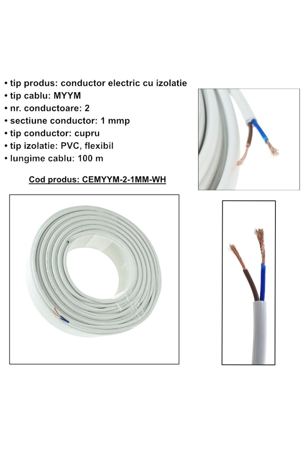 OEM-MYYM electrical cable roll, 2 x 1 mmp, copper, 100m, CEMYYM-2-1MM-WH, 2C, 300/500V, white 6