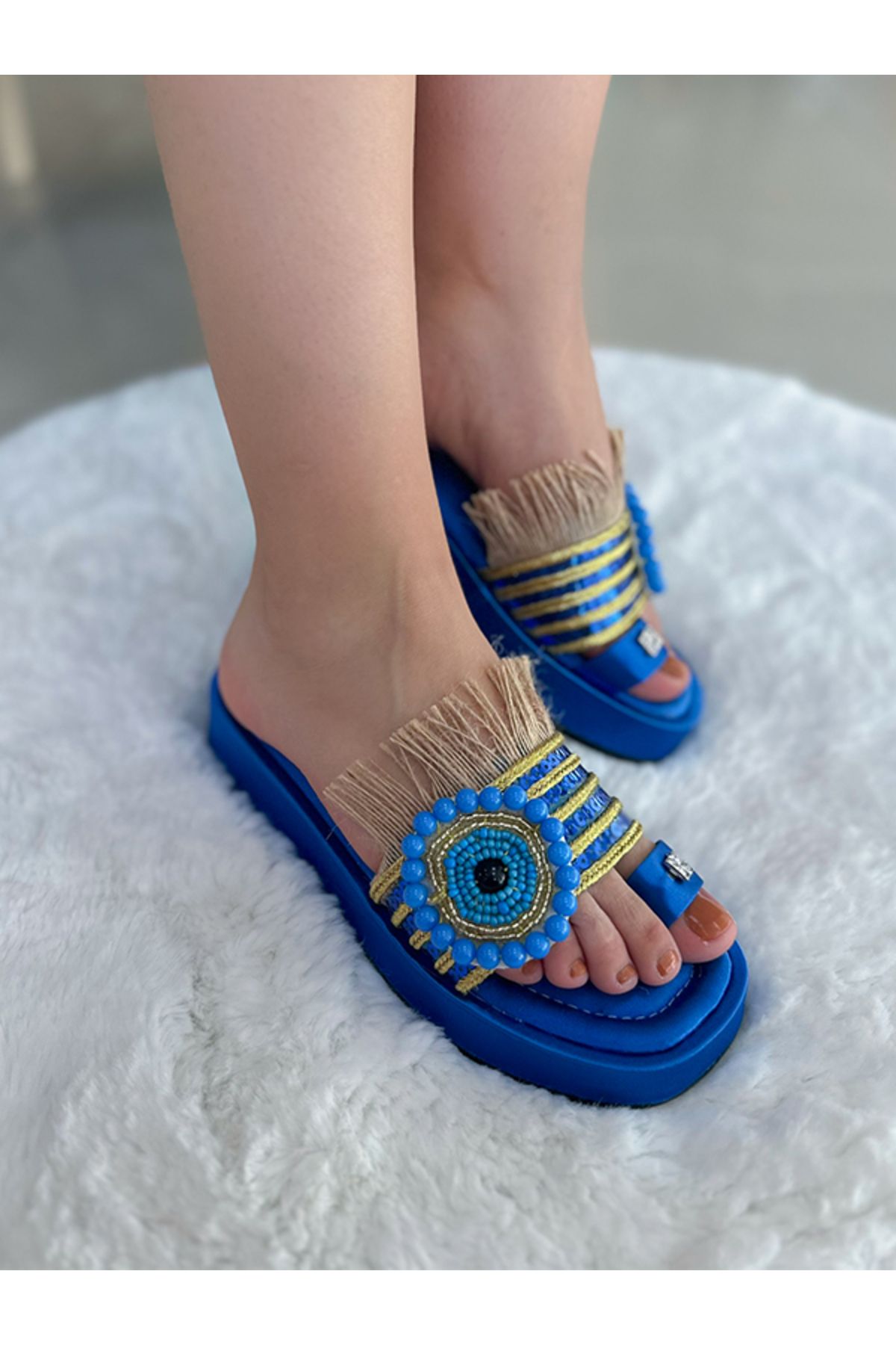 EVASAMLİSHOESBAG Nazar Boncuklu Jüt Terlik Mavi