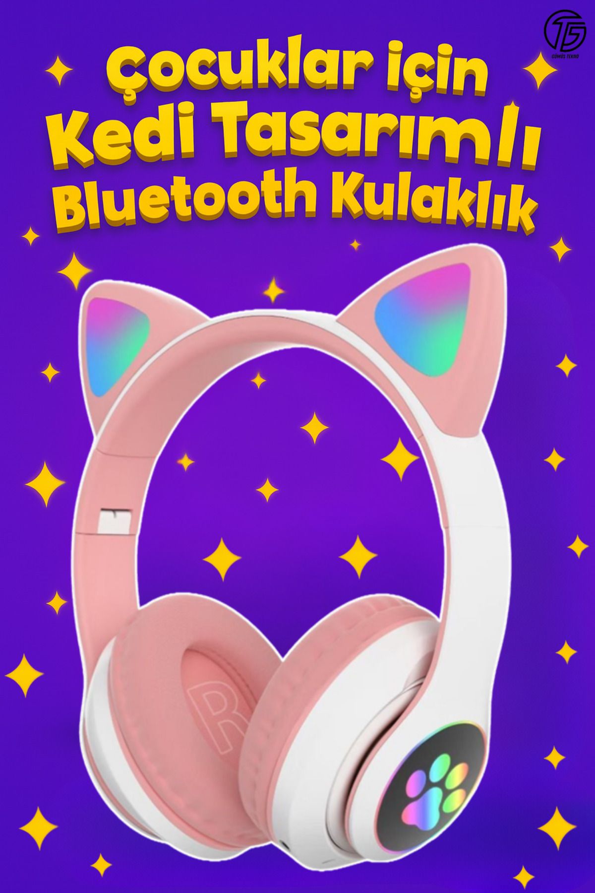 GÜMÜŞTEKNO RGB Işıklı Kedi Kulaklı Bluetooth Kulaklık Kablosuz Mikrofonlu Ayarlanabilir Çocuklar için Hediyelik