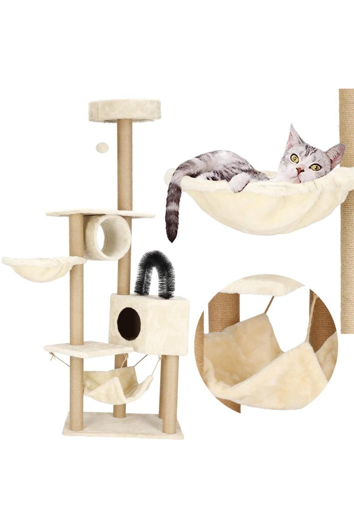 SERSIMO-Cat play set, with scratching post, hiding place, bed, hammock, ball, 154cm, cream 9