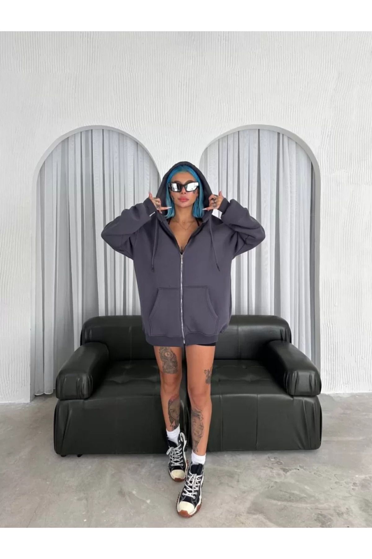ruum fashions Oversize Tam Fermuarlı Uzun Kol Hırka