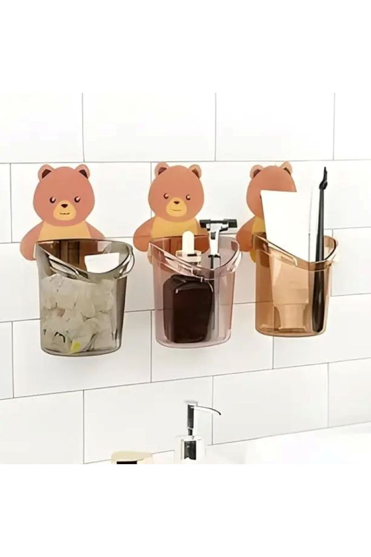 ARVALE 3 Adet Kozmetik Düzenleme Diş Fırçalık Ayı Figürlü Banyo Düzenleyici
