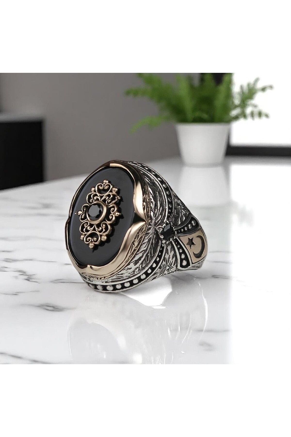 Asteria Jewelry Ay Yıldız Simgeli Oniks Taşlı Gümüş Yüzük