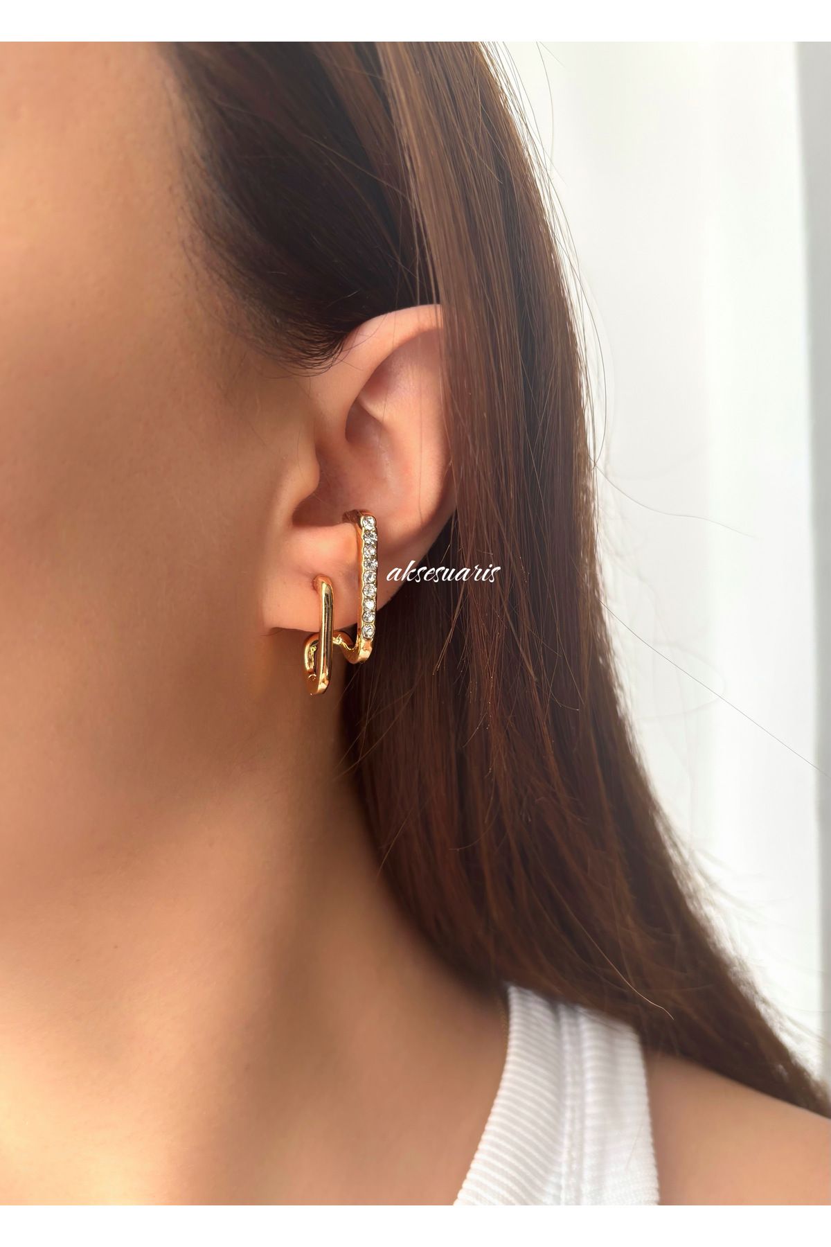 aksesuaris Çelik Zirkon Taşlı 2'li Earcuff Görünümlü Küpe