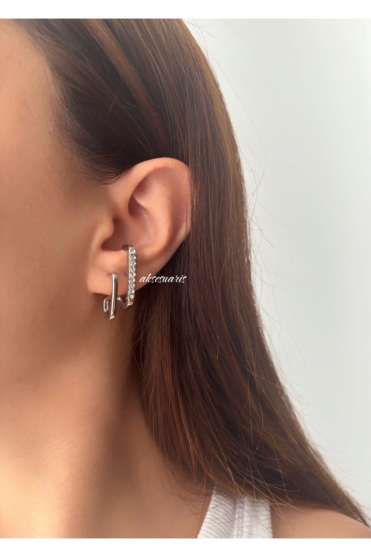 aksesuaris Çelik Zirkon Taşlı 2'li Earcuff Görünümlü Küpe