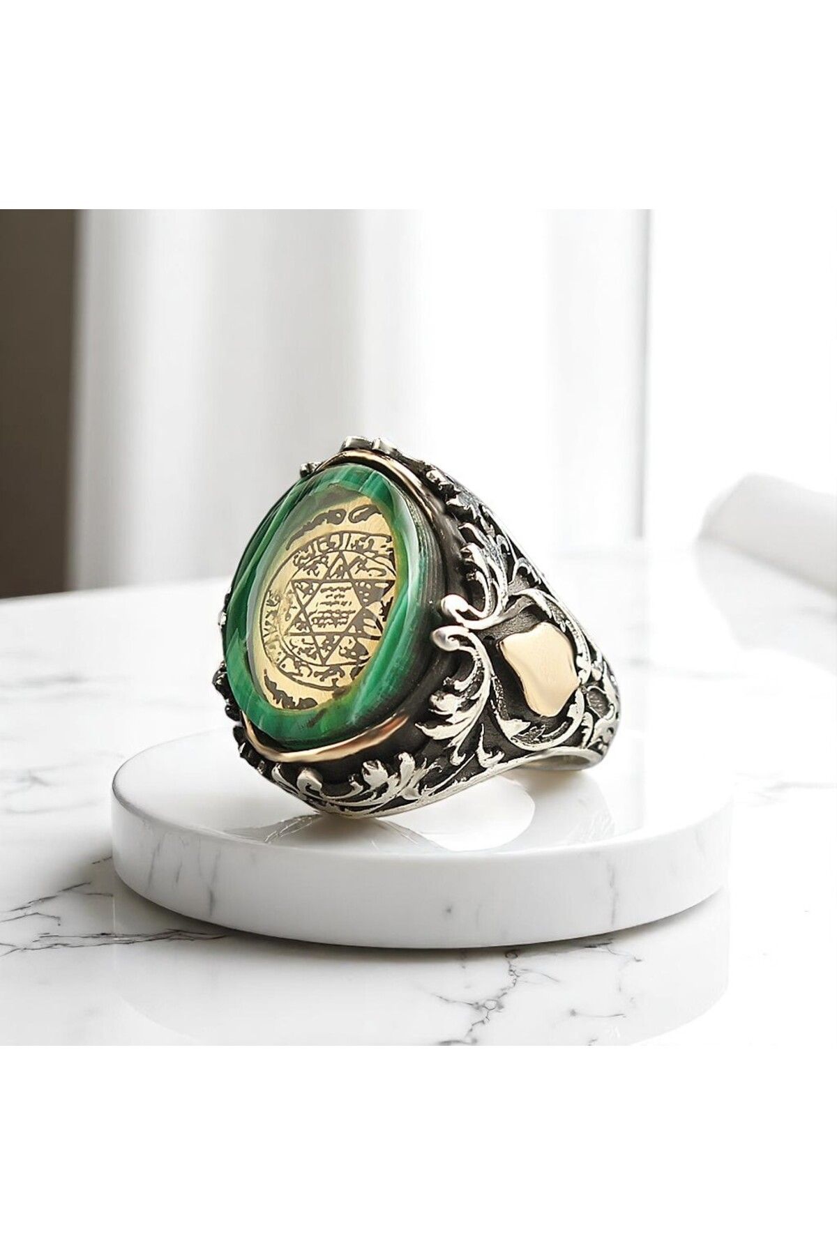 Asteria Jewelry Kehribar Taş Üzerine Süleyman Mührü Yazılı Gümüş Yüzük