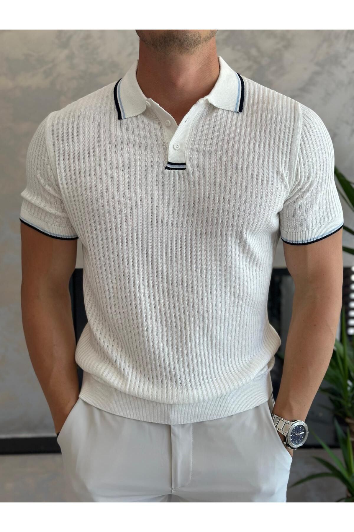 ECARTS Erkek Slim Fit Triko Polo Yaka Tshirt Beyaz Eca015