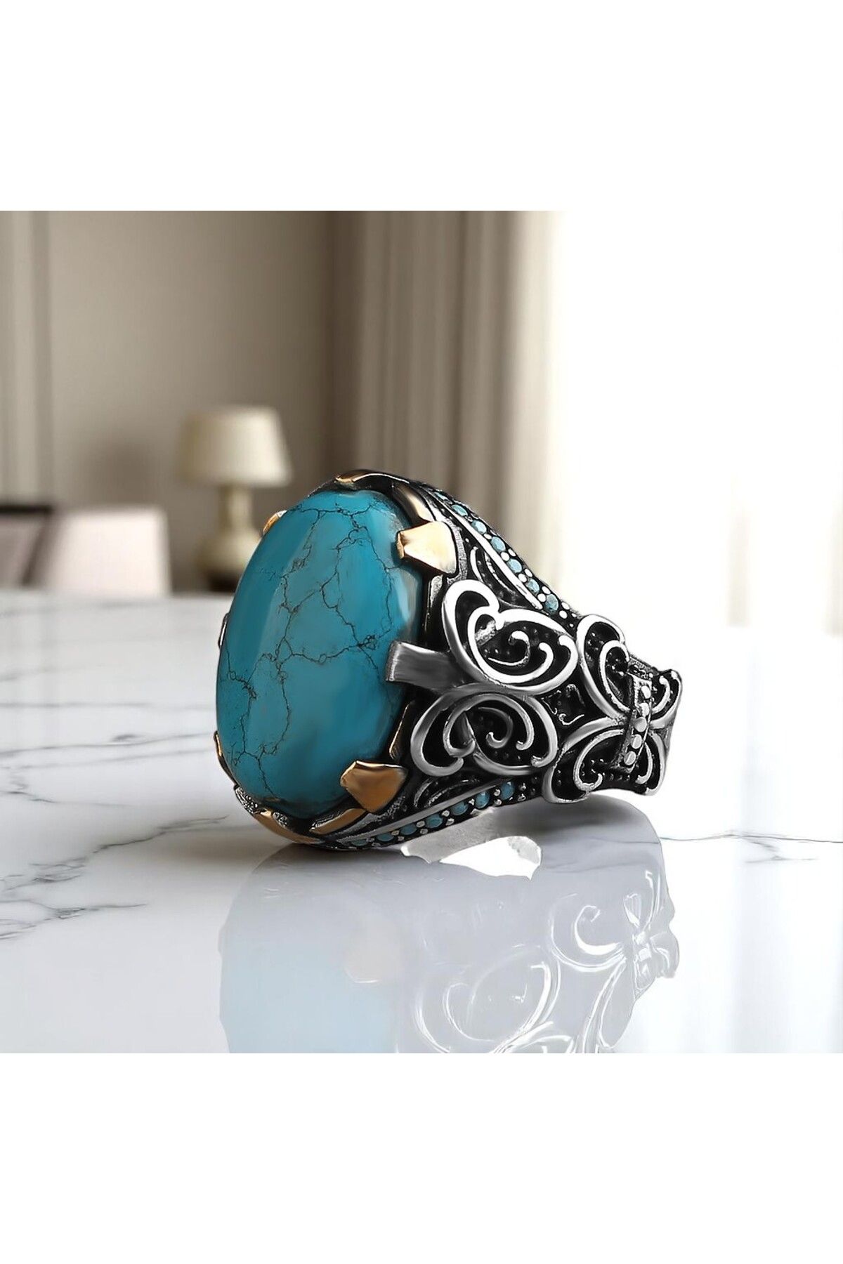 Asteria Jewelry Firuze Taşlı Gümüş Erkek Yüzük