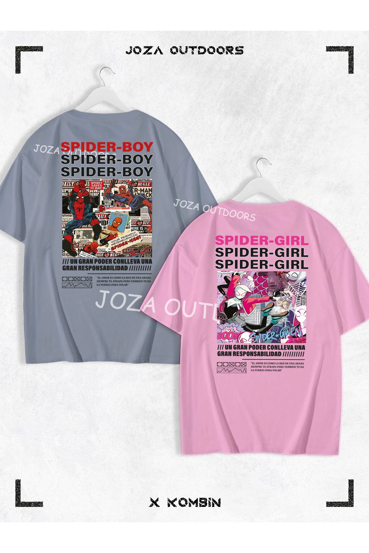 Joza Outdoors Kadın Erkek Spider Boy Spider Girl SIRT Baskılı Sevgili Çift Kombini Oversize Tshirt 2'li Takım