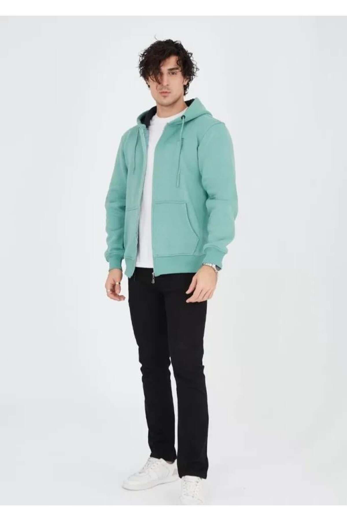 modamtn Unisex Tam Fermuarlı Kapşonlu SweatShirt - Mint Yeşili