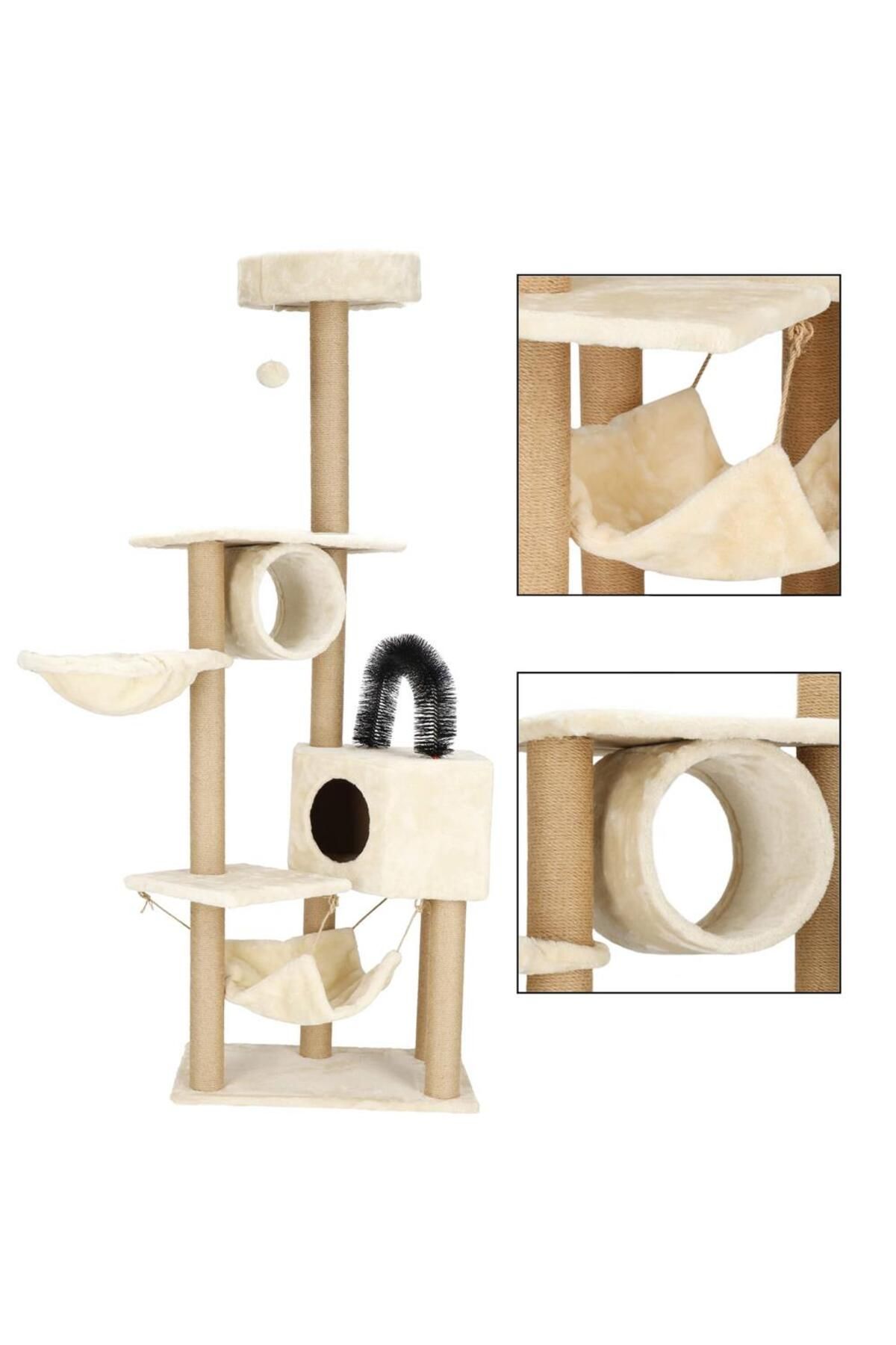 SERSIMO-Cat play set, with scratching post, hiding place, bed, hammock, ball, 154cm, cream 7
