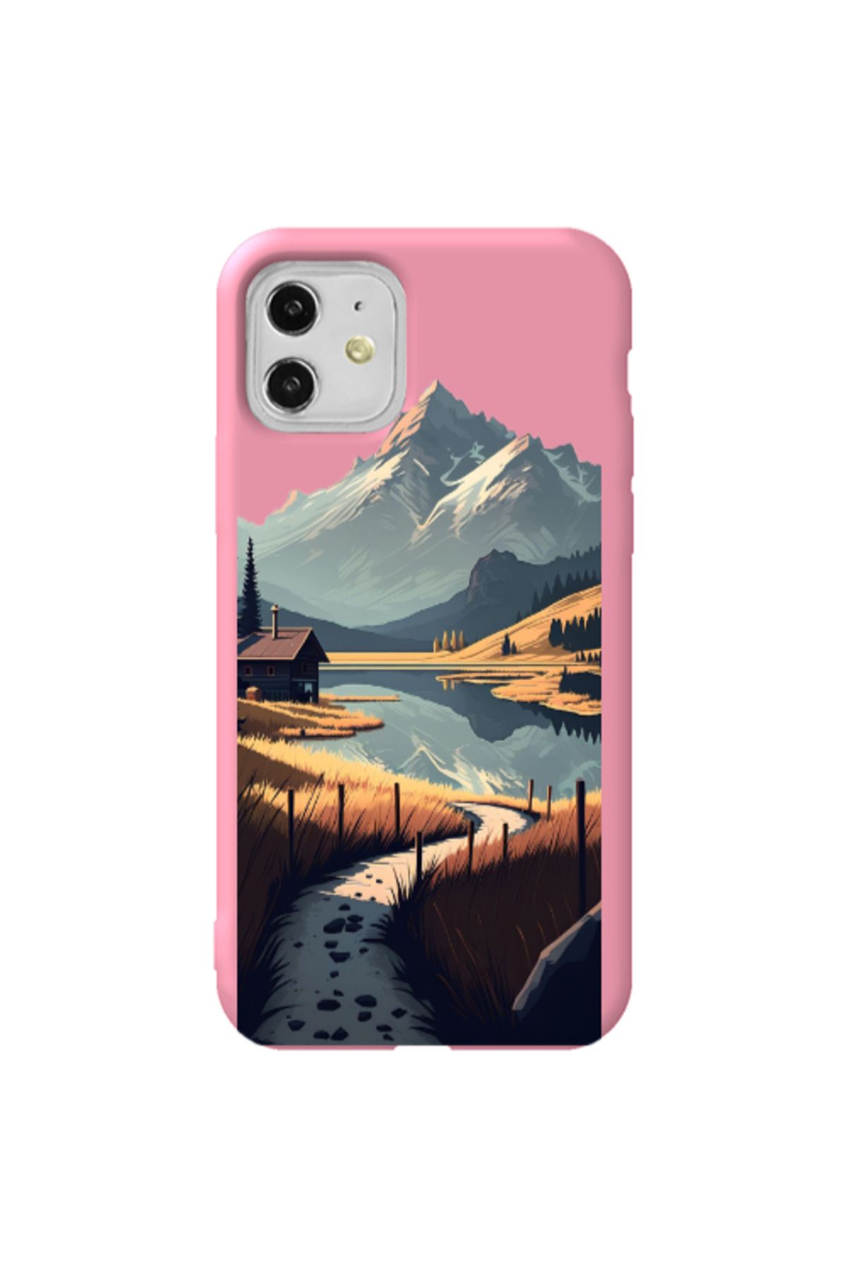 Cach Cach Apple iPhone 11 Ahşap Ev Pembe Renkli Silikon Telefon Kılıfı