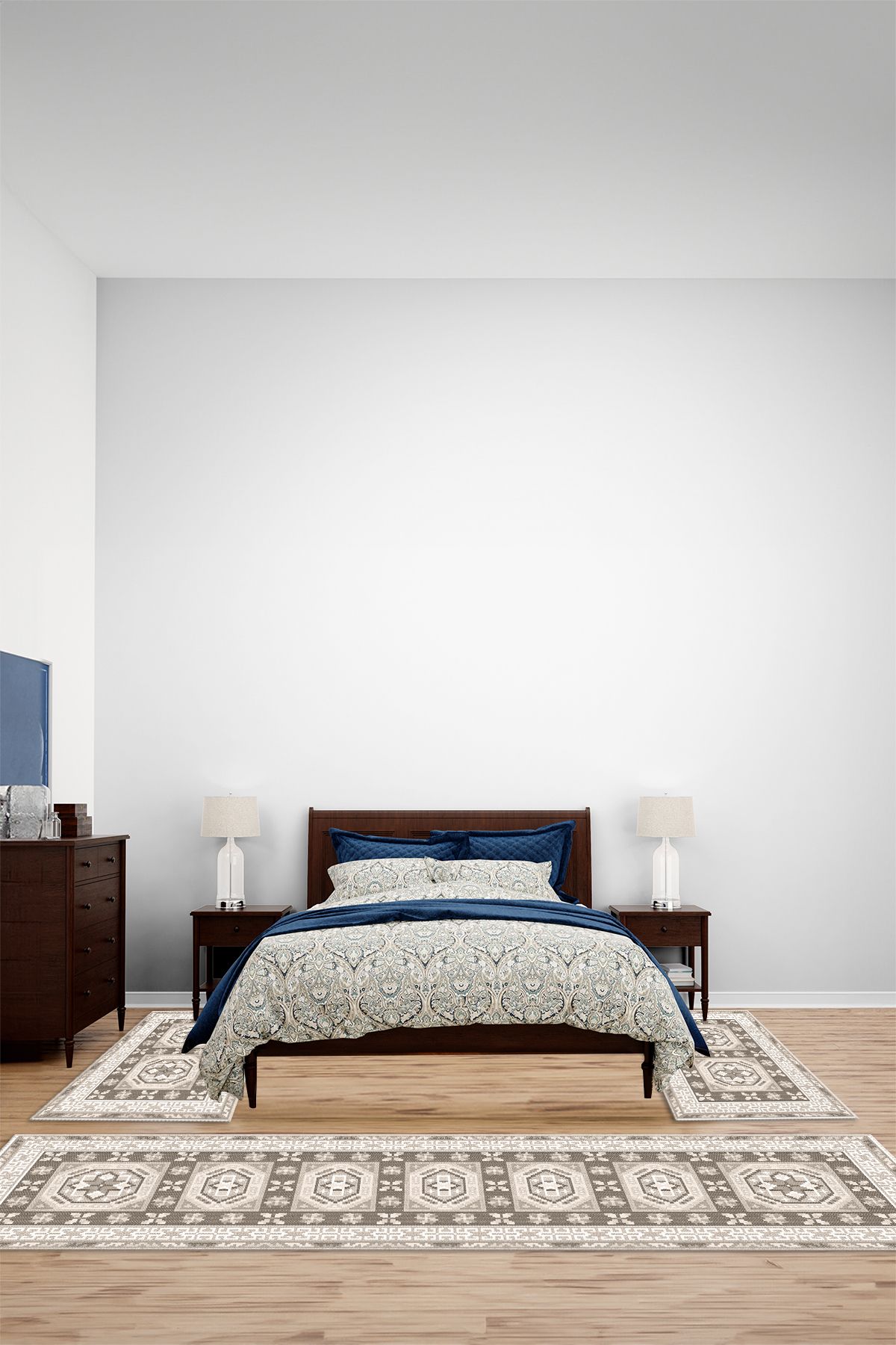 Viyana Home Dijital Kaymaz Etnik Çerçeveli Kilim Yıkanabilir Üçlü Yatak Odası Takımı Halısı, YO-ETNİK-56-BEJ,