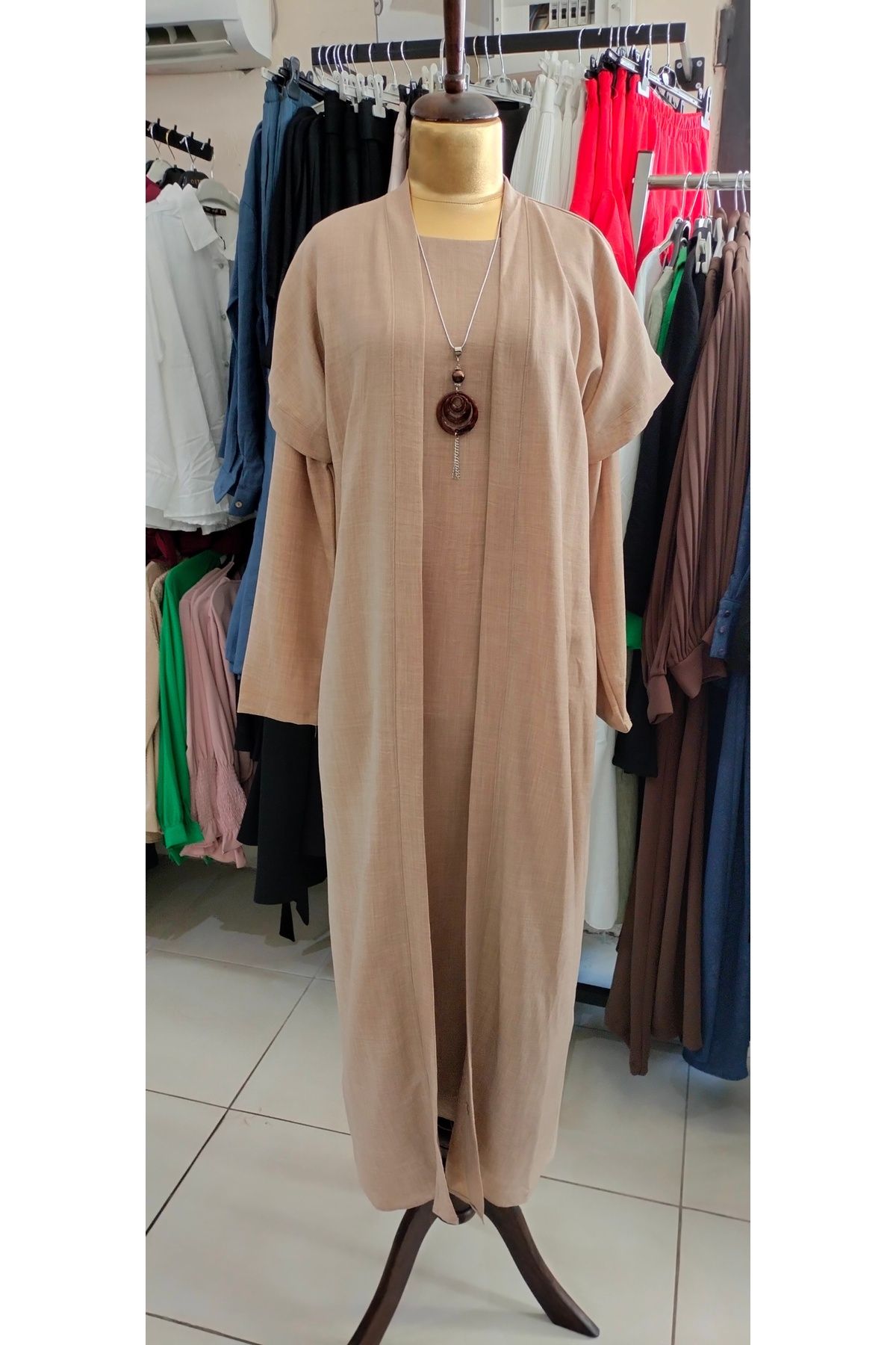 Serra Kadın İkili Yelekli Tam Boy Kimono Tesettür Elbise Takım