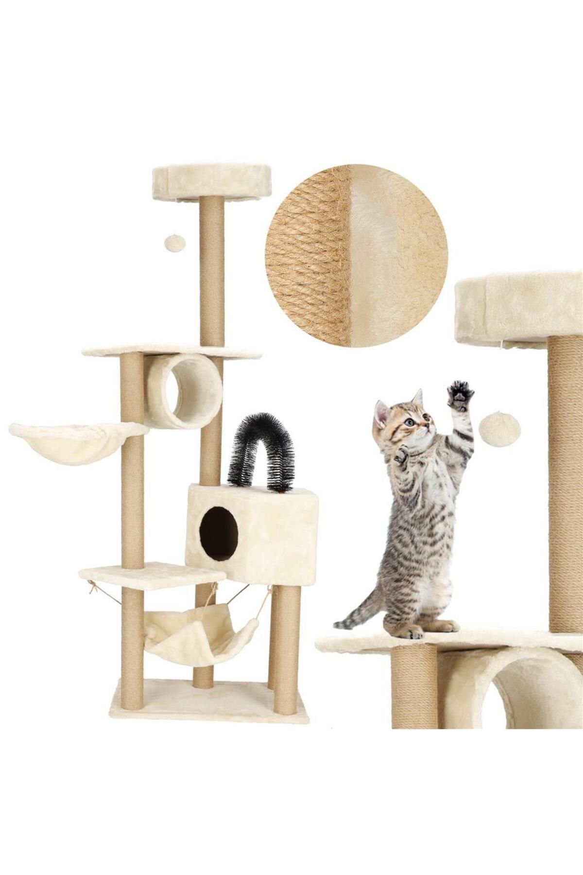 SERSIMO-Cat play set, with scratching post, hiding place, bed, hammock, ball, 154cm, cream 13