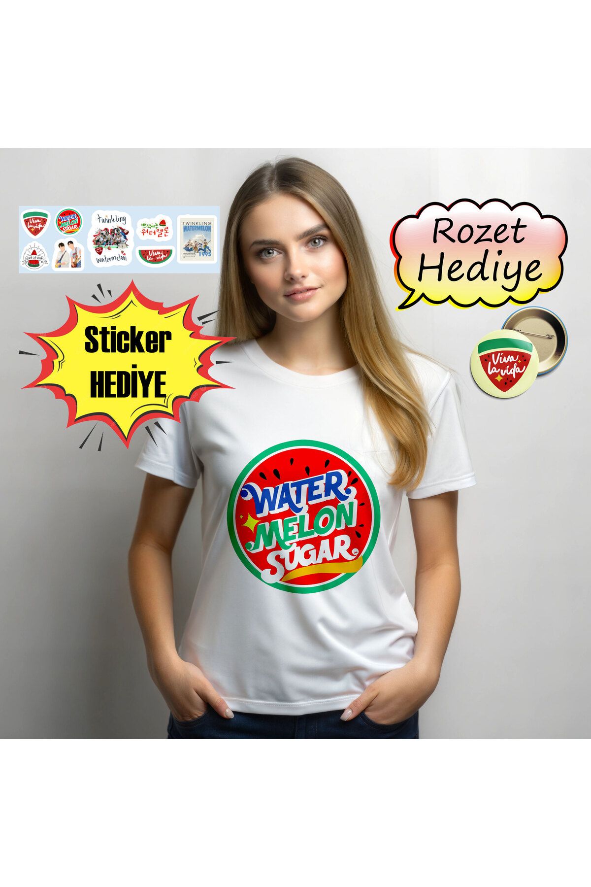Akumastik Twinkling Watermelon - Watermelon Sugar Baskılı Tshirt - Kdrama - Rozet Sticker Hediyeli