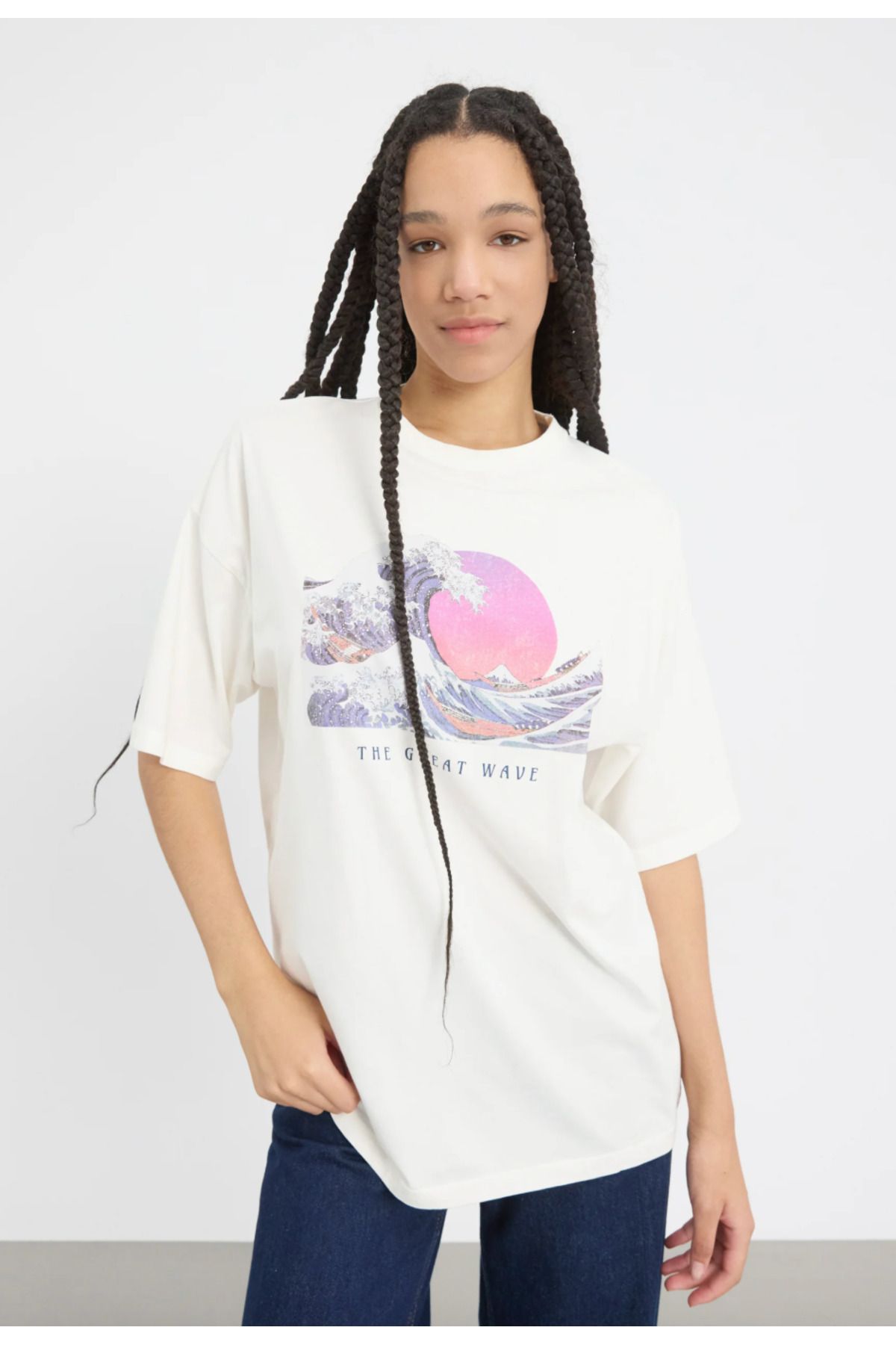 LAYORA Kadın Beyaz Tişört - The Great Wave Japon Sanatı Baskılı Oversize