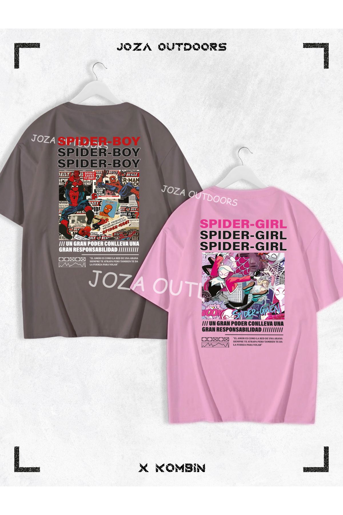 Joza Outdoors Kadın Erkek Spider Boy Spider Girl SIRT Baskılı Sevgili Çift Kombini Oversize Tshirt 2'li Takım