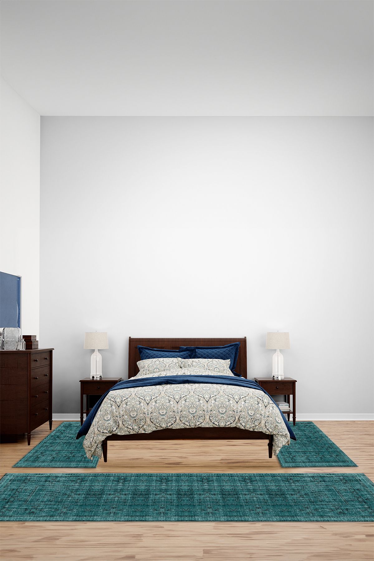 Viyana Home Dijital Kaymaz Sade Etnik Model Yıkanabilir Üçlü Yatak Odası Takımı Halısı, YO-ETNİK-78-TURKUAZ,