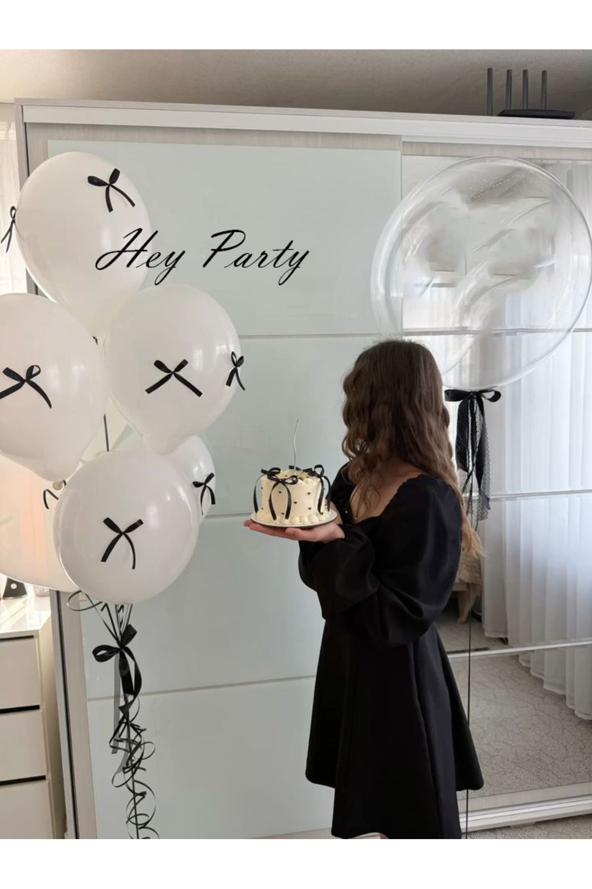 PartyPoo 30 Adet Siyah Fiyonk Kurdeleli - Bobo Balon ve 10 Beyaz Balon Seti Fiyonklu Balon Kurdeleli Balon