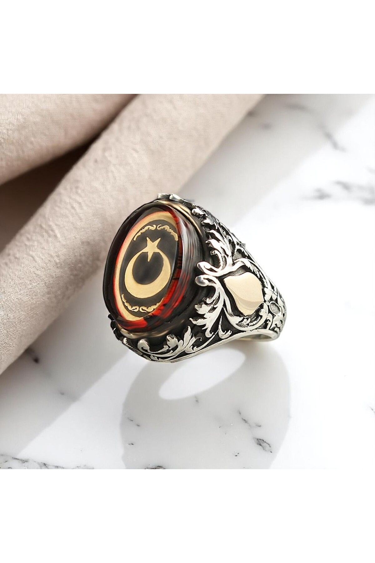 Asteria Jewelry Ay Yıldızlı Kırmızı Akik Taşlı Gümüş Yüzük