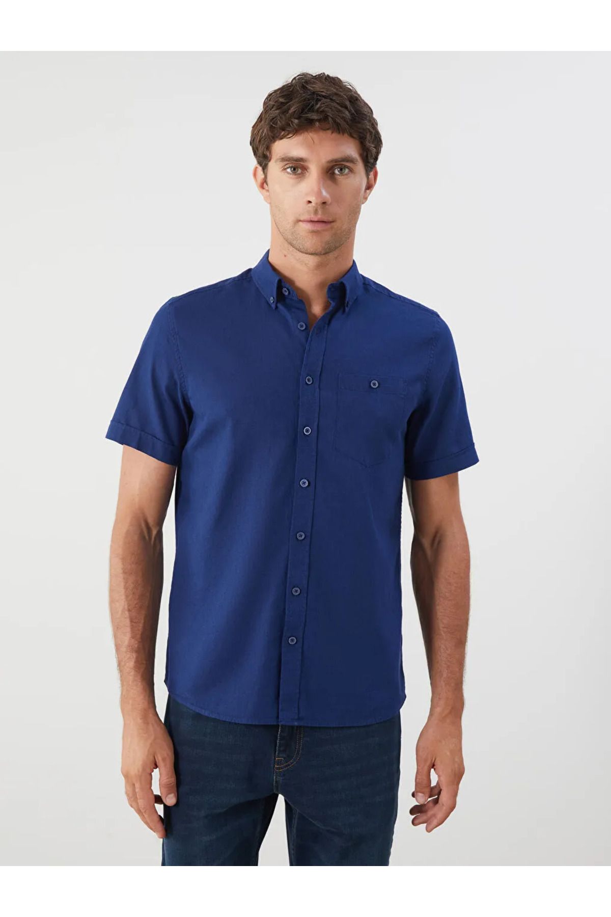 LC Waikiki LCWAIKIKI Classic Lacivert Regular Fit Keten Karışımlı Erkek Gömlek