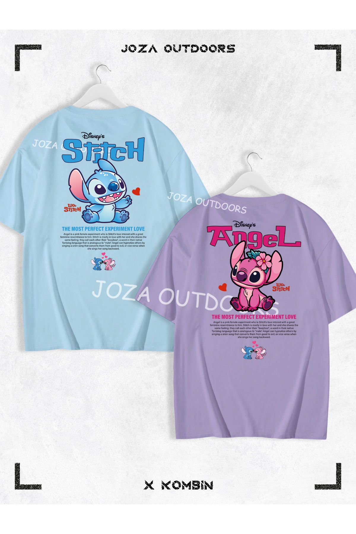 Jobia Outdoors Kadın Erkek Lilo Angel Stitch Yazılı SIRT Baskılı Sevgili Çift Kombini Oversize Tshirt 2'li Takım